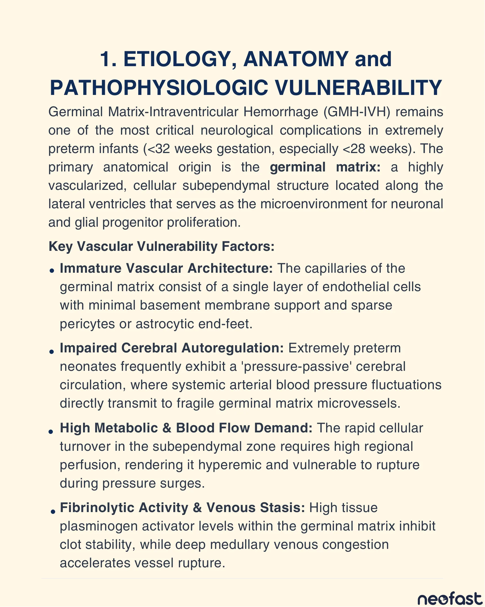 Text page describing the etiology, anatomy, and pathophysiologic vulnerability factors of germinal matrix-intraventricular hemorrhage.