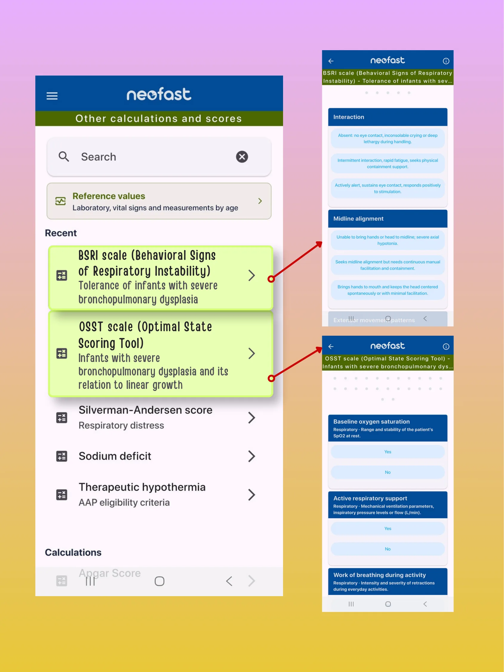Screenshots of the NeoFast mobile app showing the Other calculations and scores menu with BSRI and OSST scale entries and their respective input screens