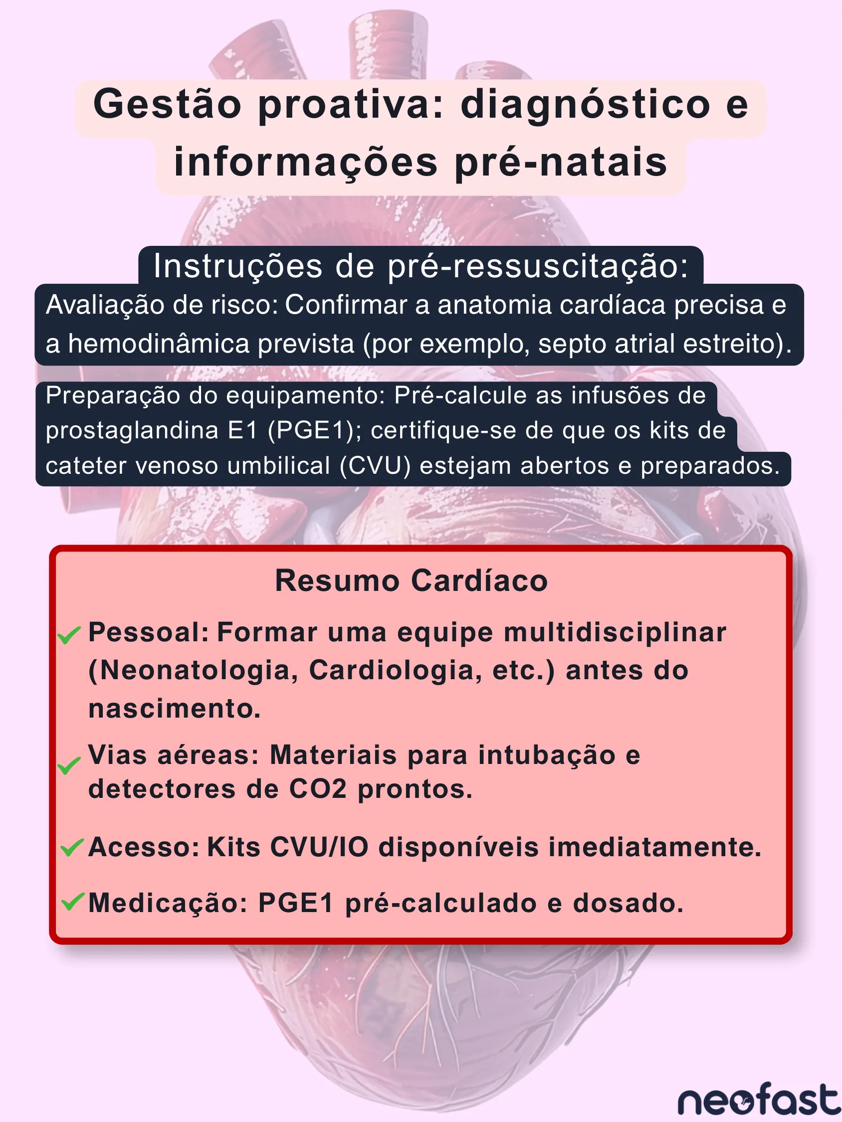 Página sobre instruções de pré-ressuscitação e resumo cardíaco para gestão proativa de recém-nascidos com suspeita de cardiopatia congênita.