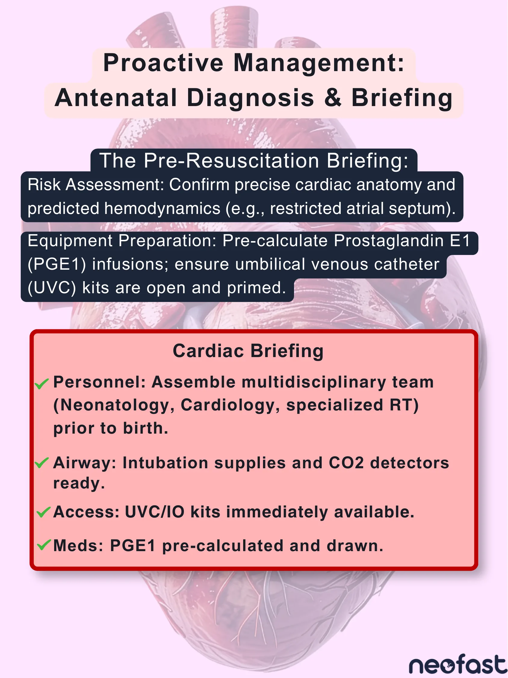 Infographic listing pre-resuscitation briefing steps and a cardiac briefing checklist for newborns with suspected congenital heart disease