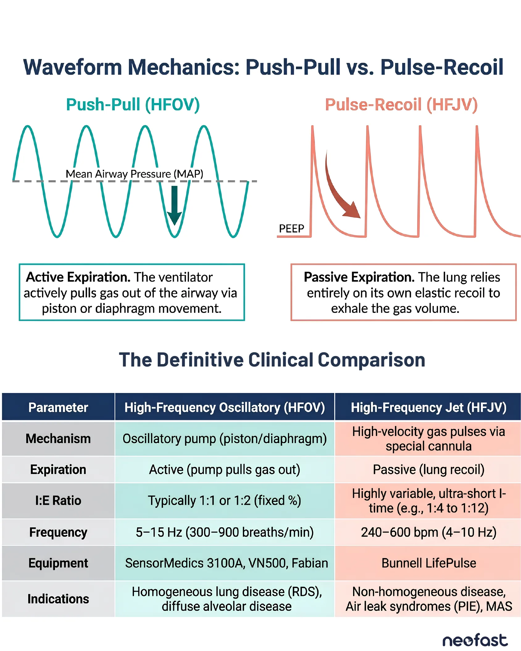 Waveform diagrams comparing HFOV push-pull sinusoidal pressure tracing with active expiration to HFJV pulse-recoil tracing with passive expiration, followed by a comparison table of clinical parameters.
