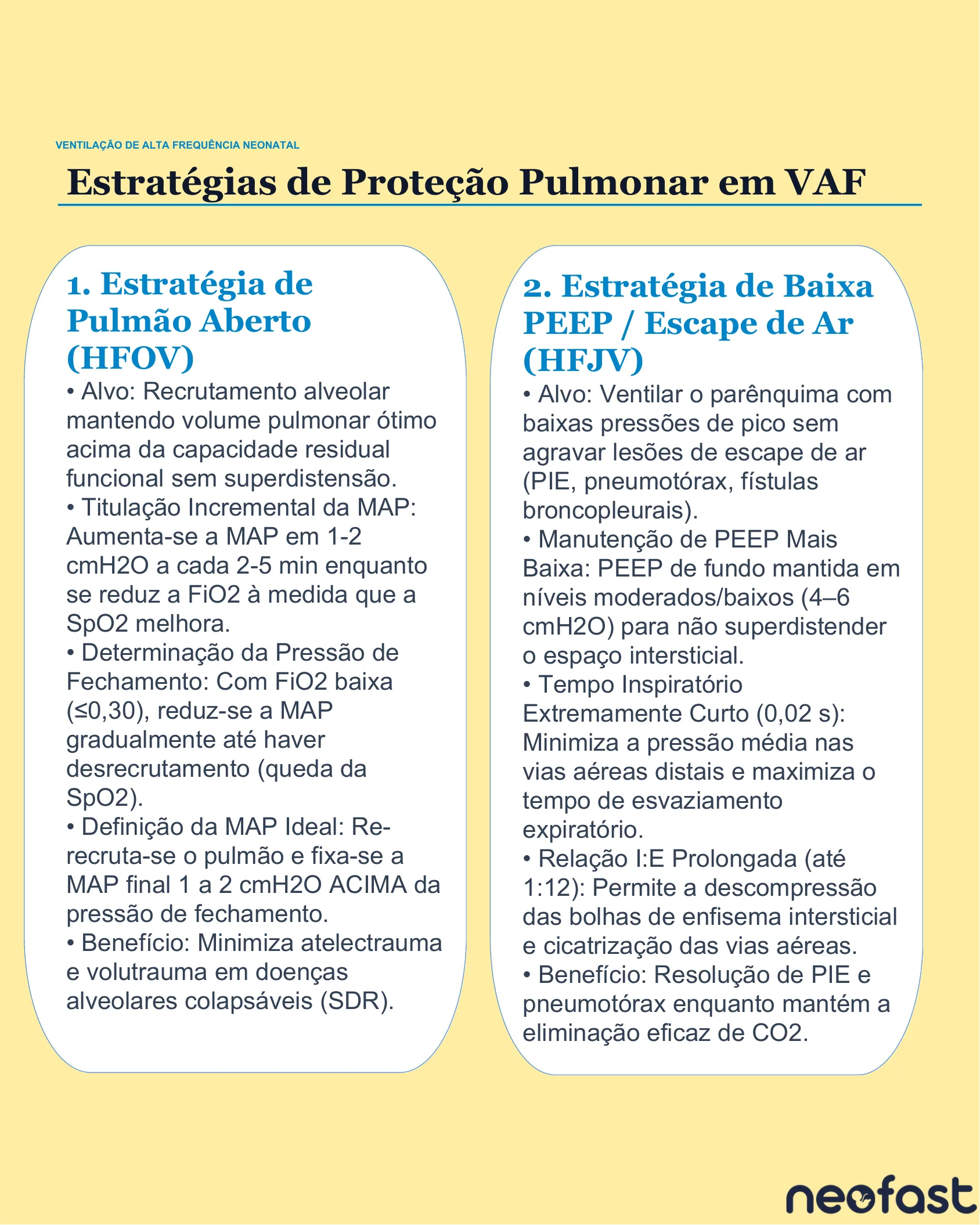 Duas colunas descrevendo a estratégia de pulmão aberto na HFOV e a estratégia de baixa PEEP/escape de ar na HFJV.