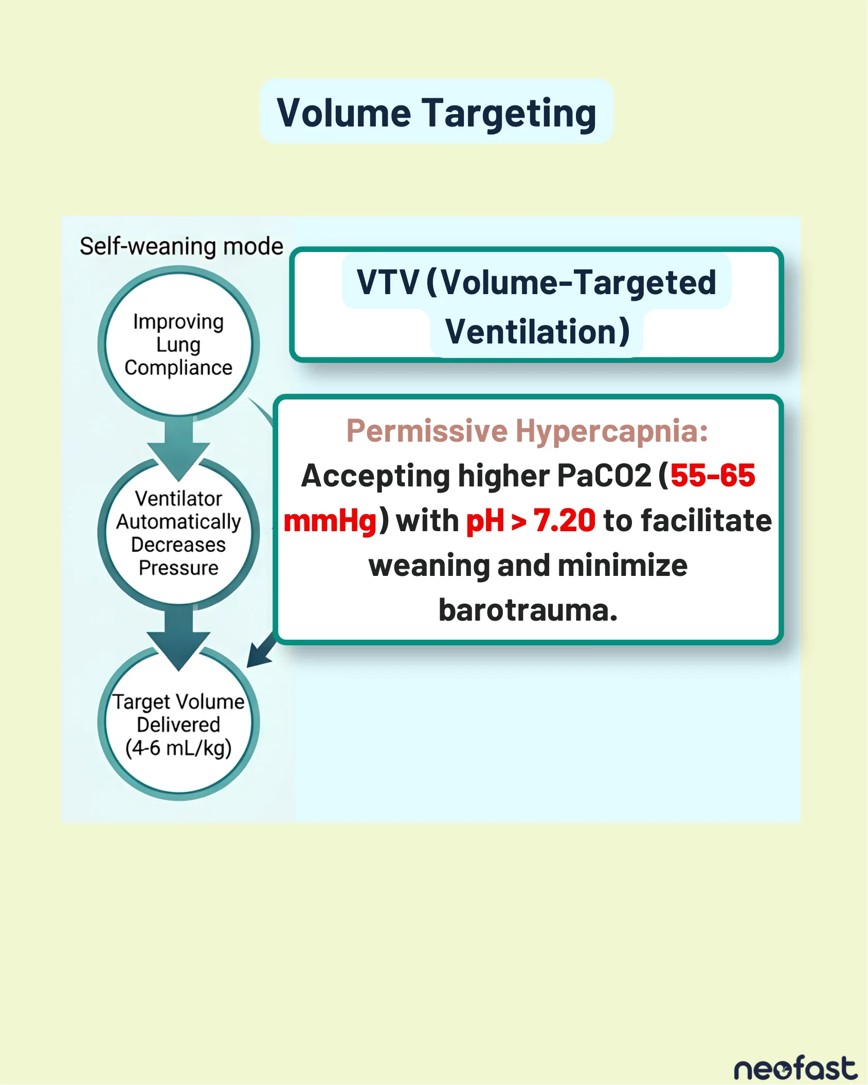 Diagram of self-weaning volume-targeted ventilation flow and a box explaining permissive hypercapnia parameters for neonatal weaning