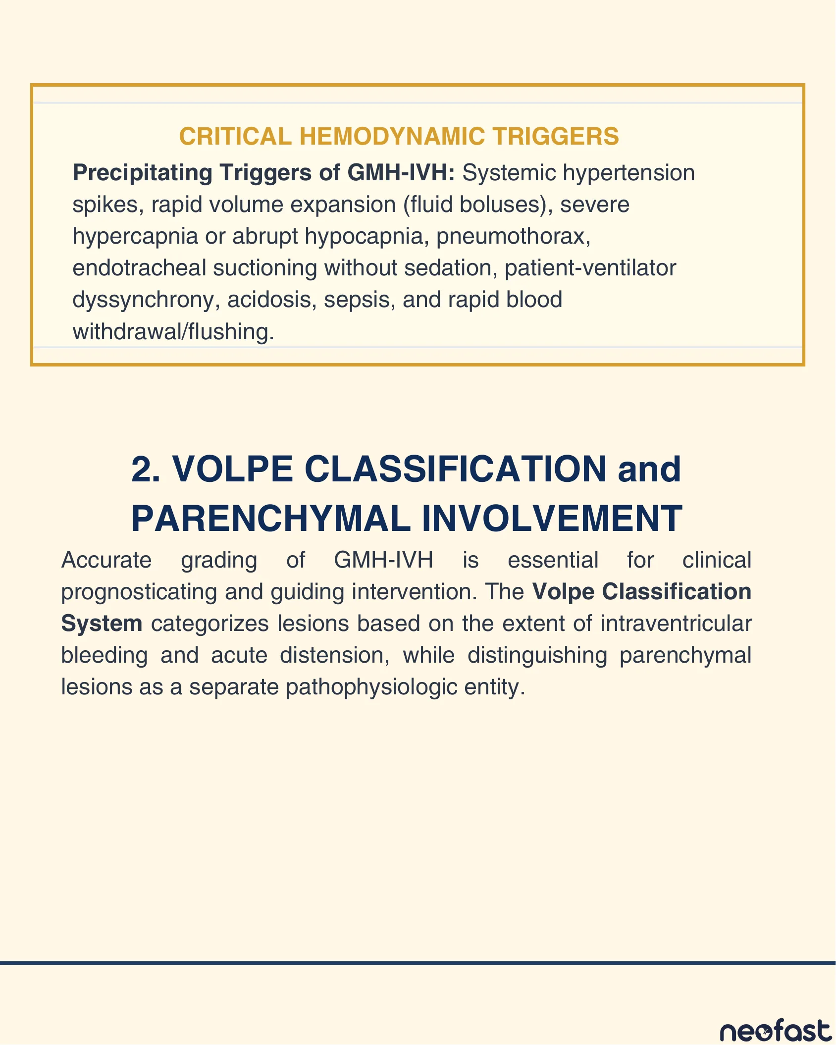 Text page listing critical hemodynamic triggers of GMH-IVH and introducing the Volpe classification system for grading hemorrhage severity.