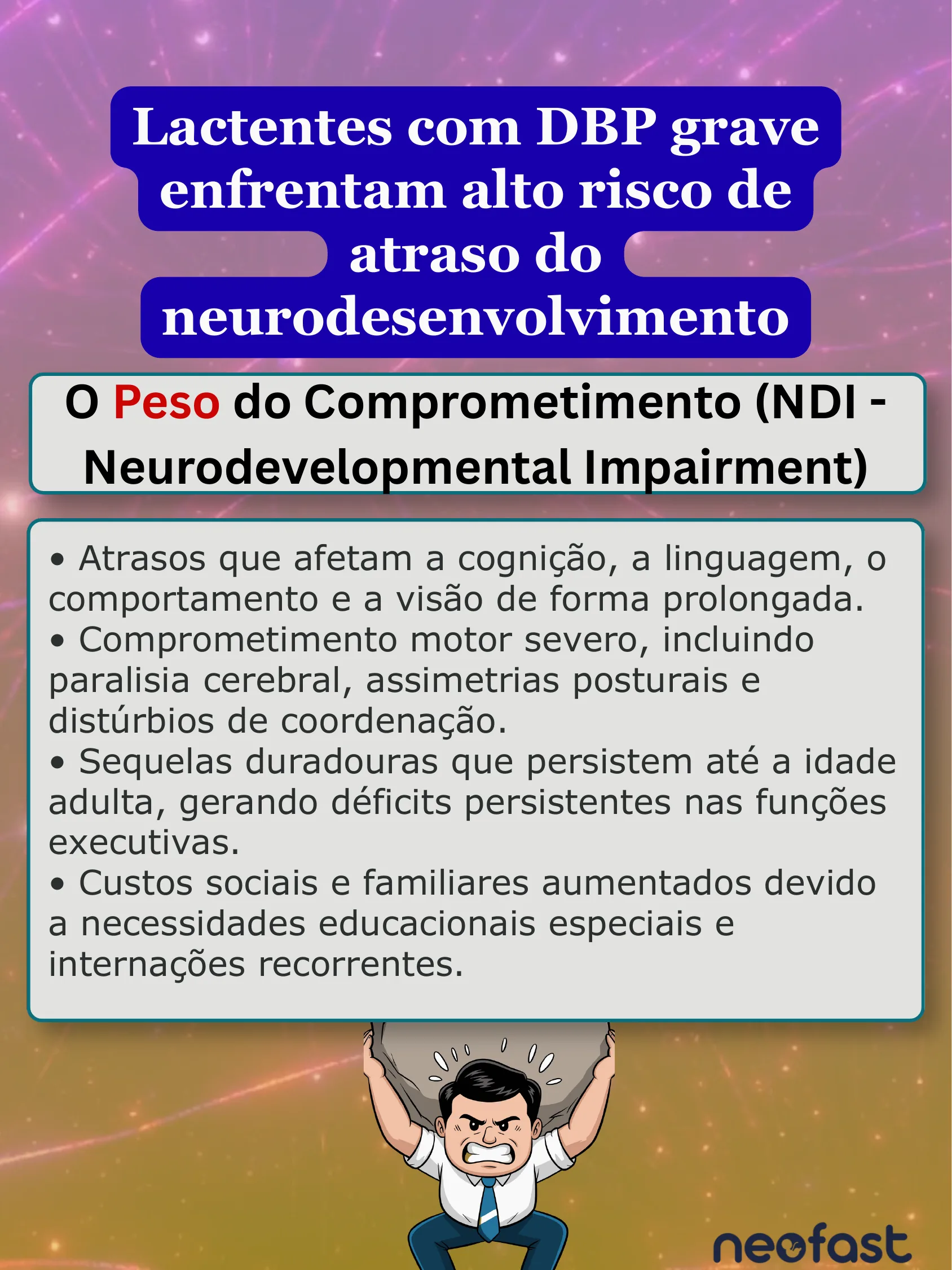 Ilustração de um homem carregando uma pedra pesada acima da cabeça, simbolizando o peso do comprometimento do neurodesenvolvimento em lactentes com displasia broncopulmonar grave.