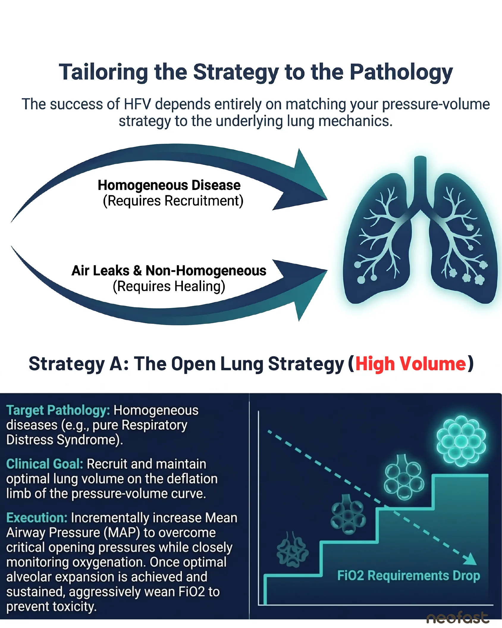 Diagram showing lung pathology types requiring recruitment versus healing, followed by a description of the Open Lung high-volume strategy with a staircase recruitment illustration.