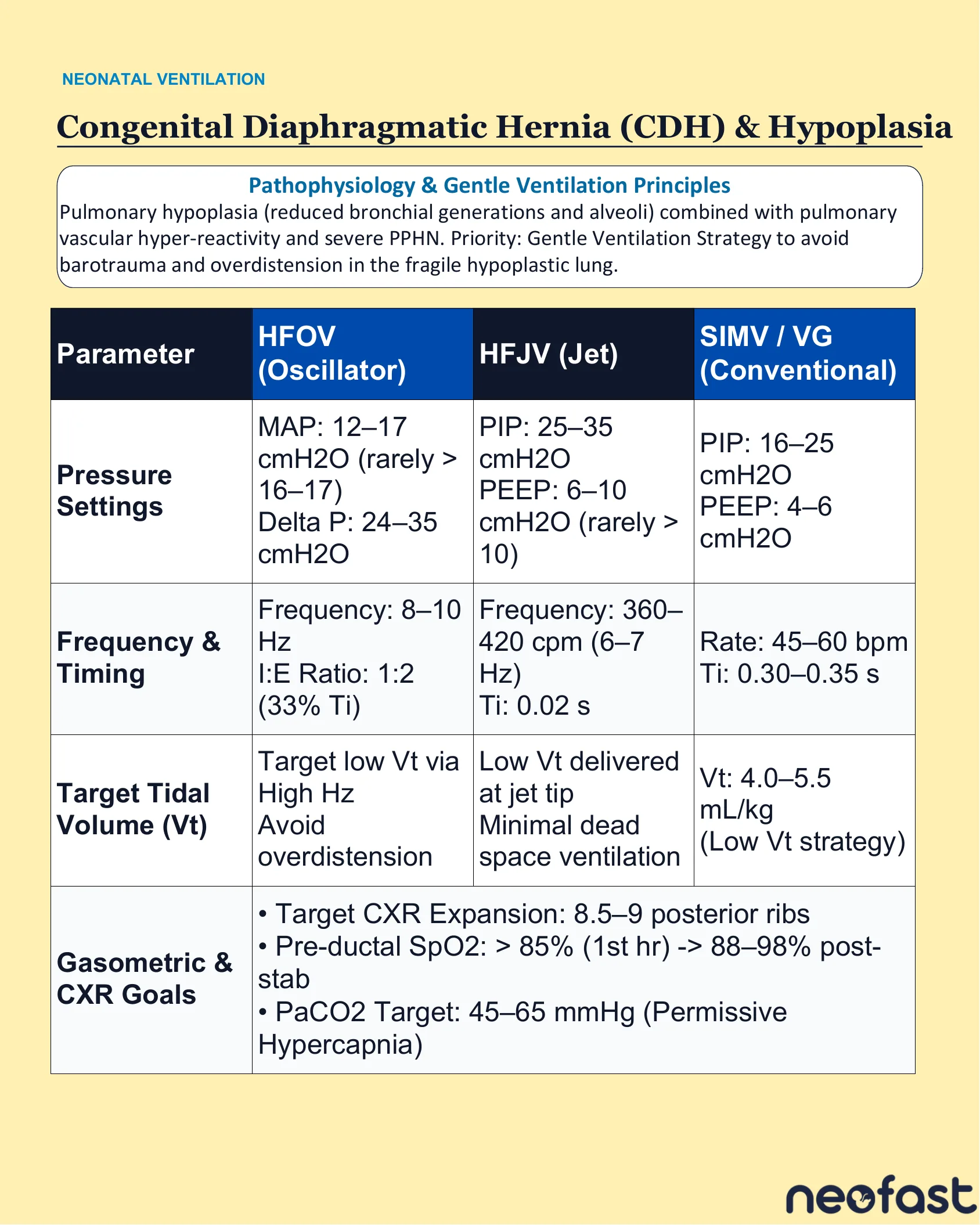 Table comparing HFOV, HFJV, and SIMV/VG ventilator pressure, frequency, tidal volume, and gasometric goals for managing congenital diaphragmatic hernia and pulmonary hypoplasia.