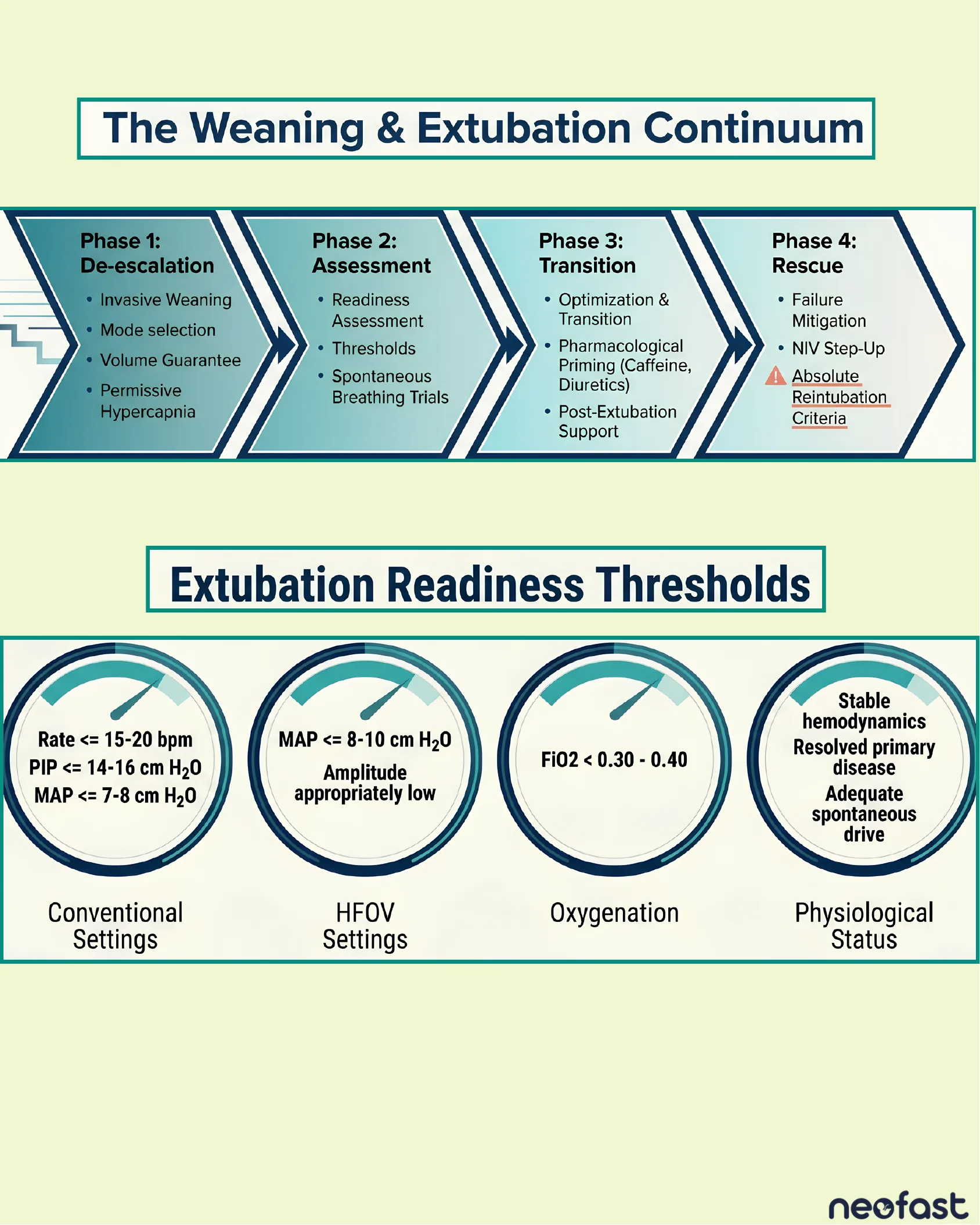 Four-phase flowchart of the weaning and extubation continuum alongside four gauges depicting extubation readiness thresholds for conventional settings, HFOV settings, oxygenation, and physiological status