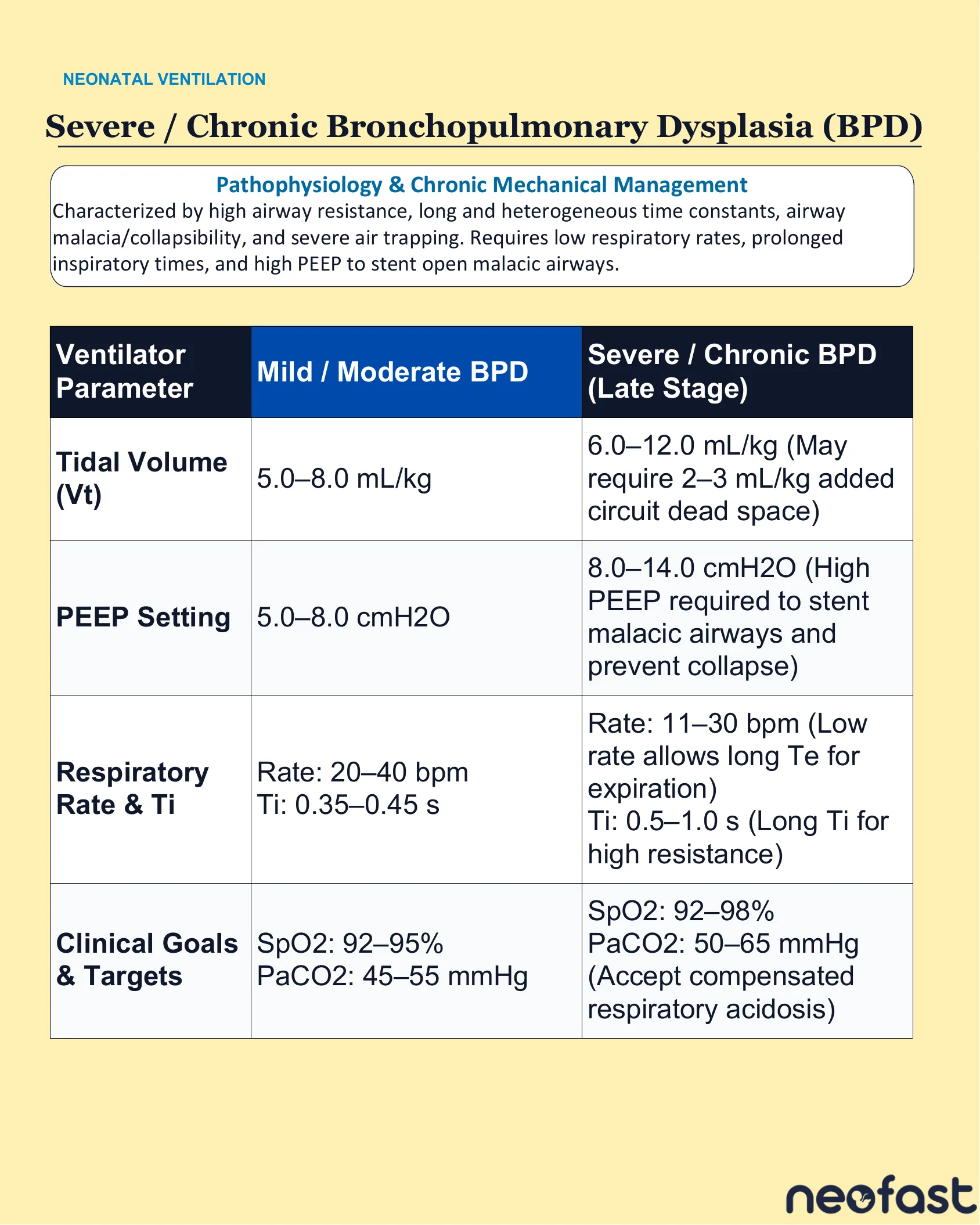 Table comparing ventilator tidal volume, PEEP, respiratory rate, and clinical goals for mild/moderate versus severe/chronic bronchopulmonary dysplasia.