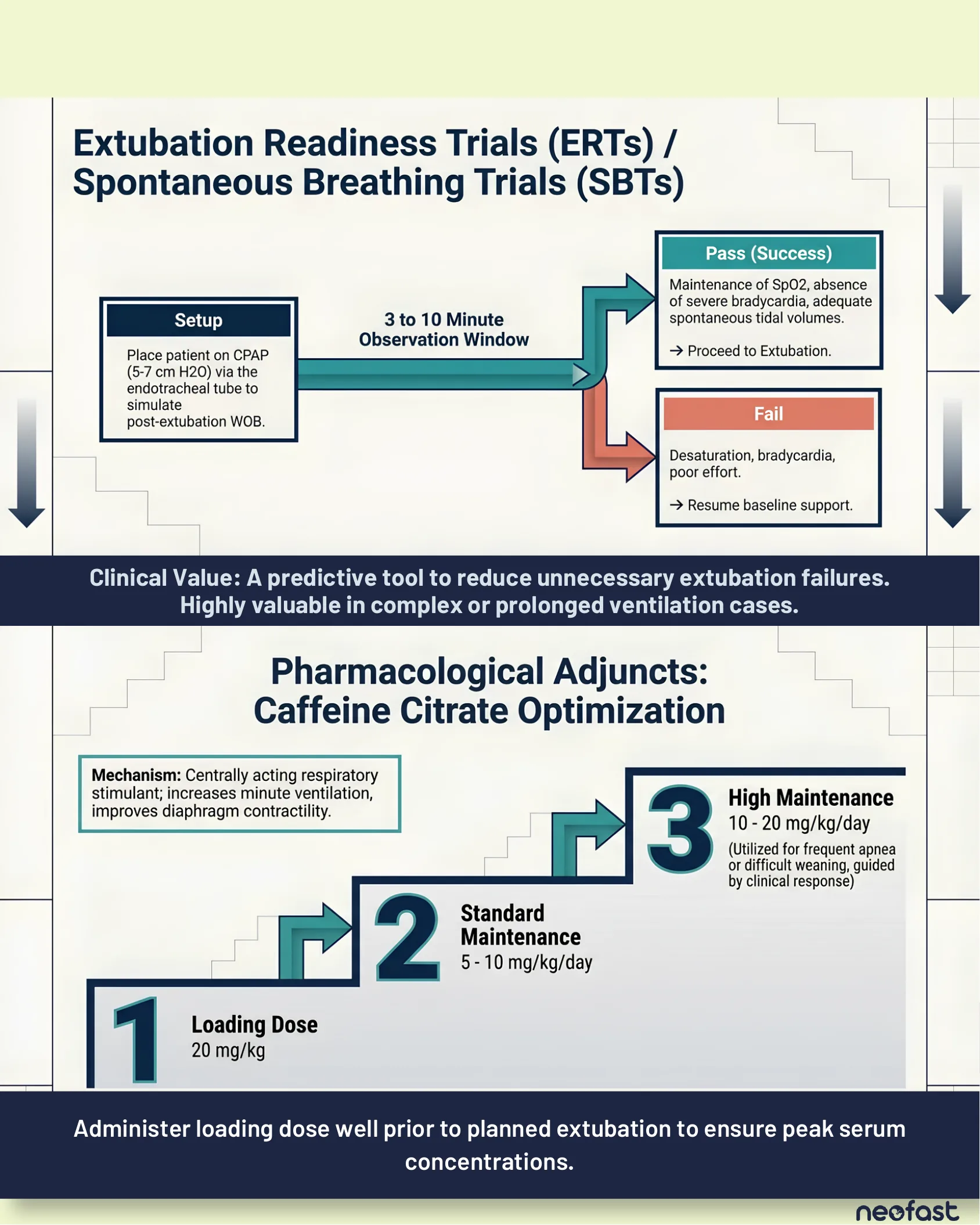 Flowchart of extubation readiness trial setup, pass and fail outcomes, and a three-step staircase diagram of caffeine citrate loading and maintenance dosing