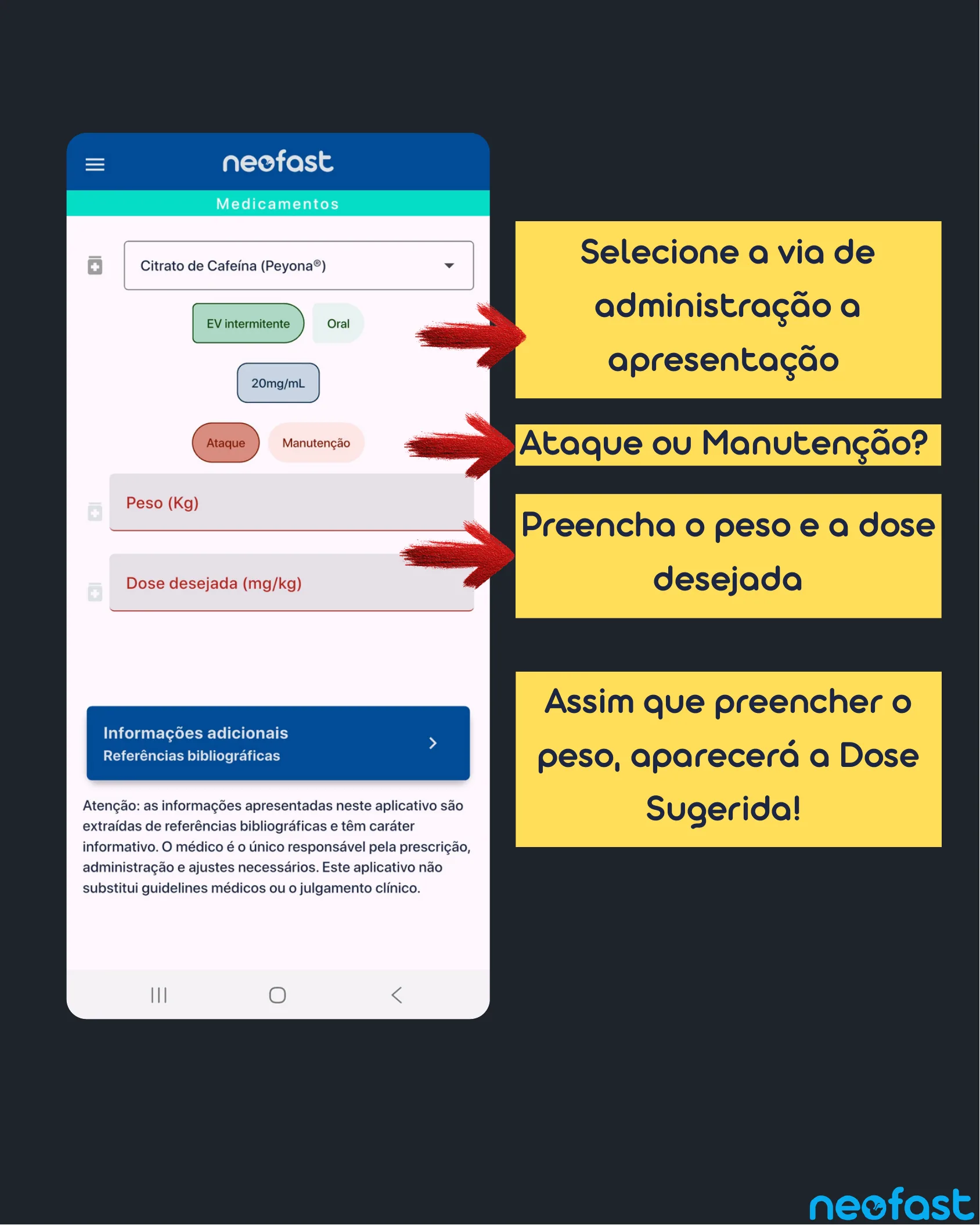 Tela do aplicativo Neofast mostrando o formulário de cálculo de dose de Citrato de Cafeína com instruções passo a passo destacadas em caixas amarelas.