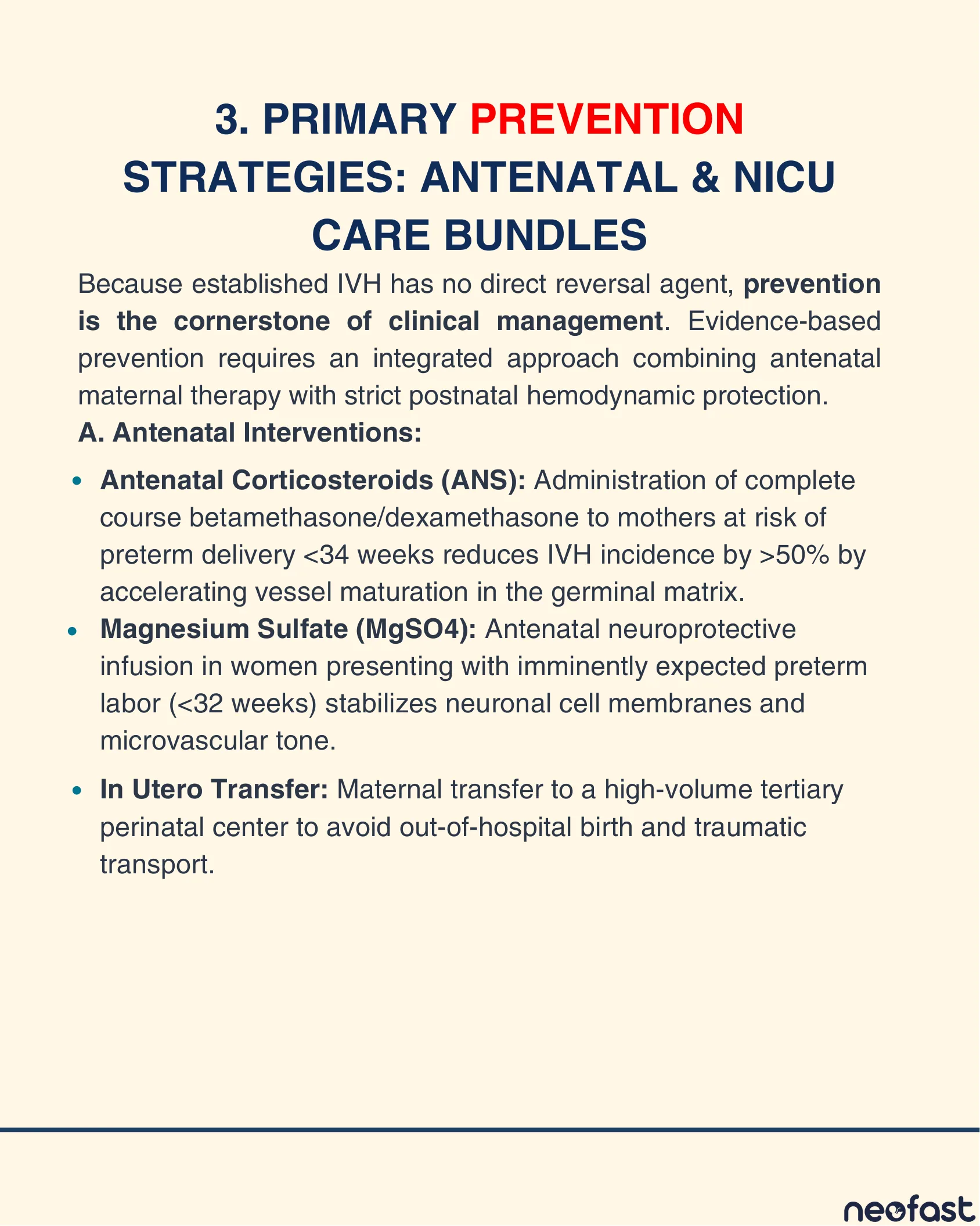 Text page describing antenatal prevention strategies for GMH-IVH including antenatal corticosteroids, magnesium sulfate, and in utero transfer.