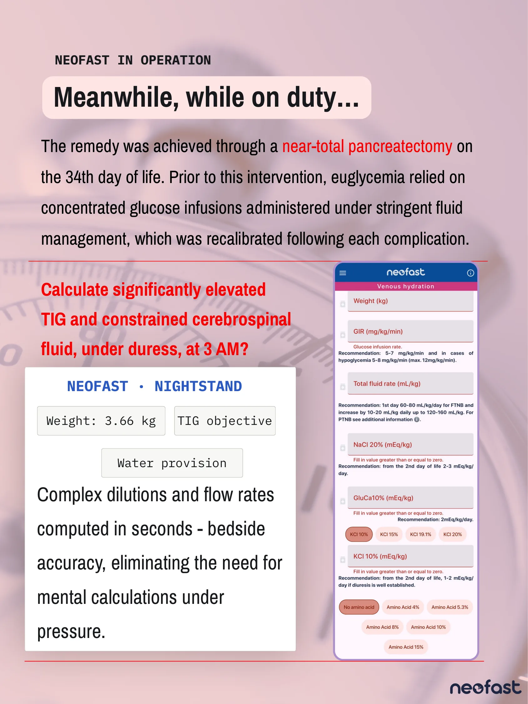 Page describing near-total pancreatectomy treatment and glucose infusion management, alongside a screenshot of the NeoFast venous hydration calculator app.
