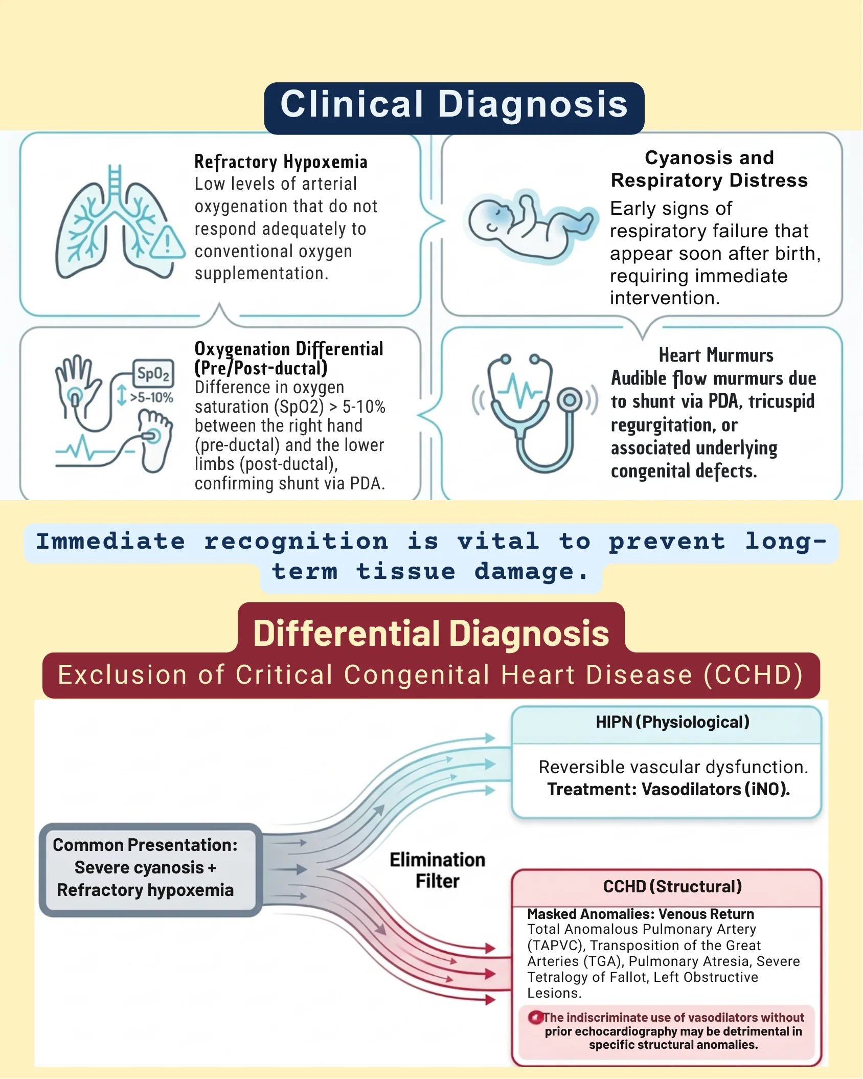 Four-panel icon summary of refractory hypoxemia, cyanosis/respiratory distress, pre/post-ductal oxygenation differential, and heart murmurs, followed by a flow diagram differentiating physiological HIPN from structural critical congenital heart disease