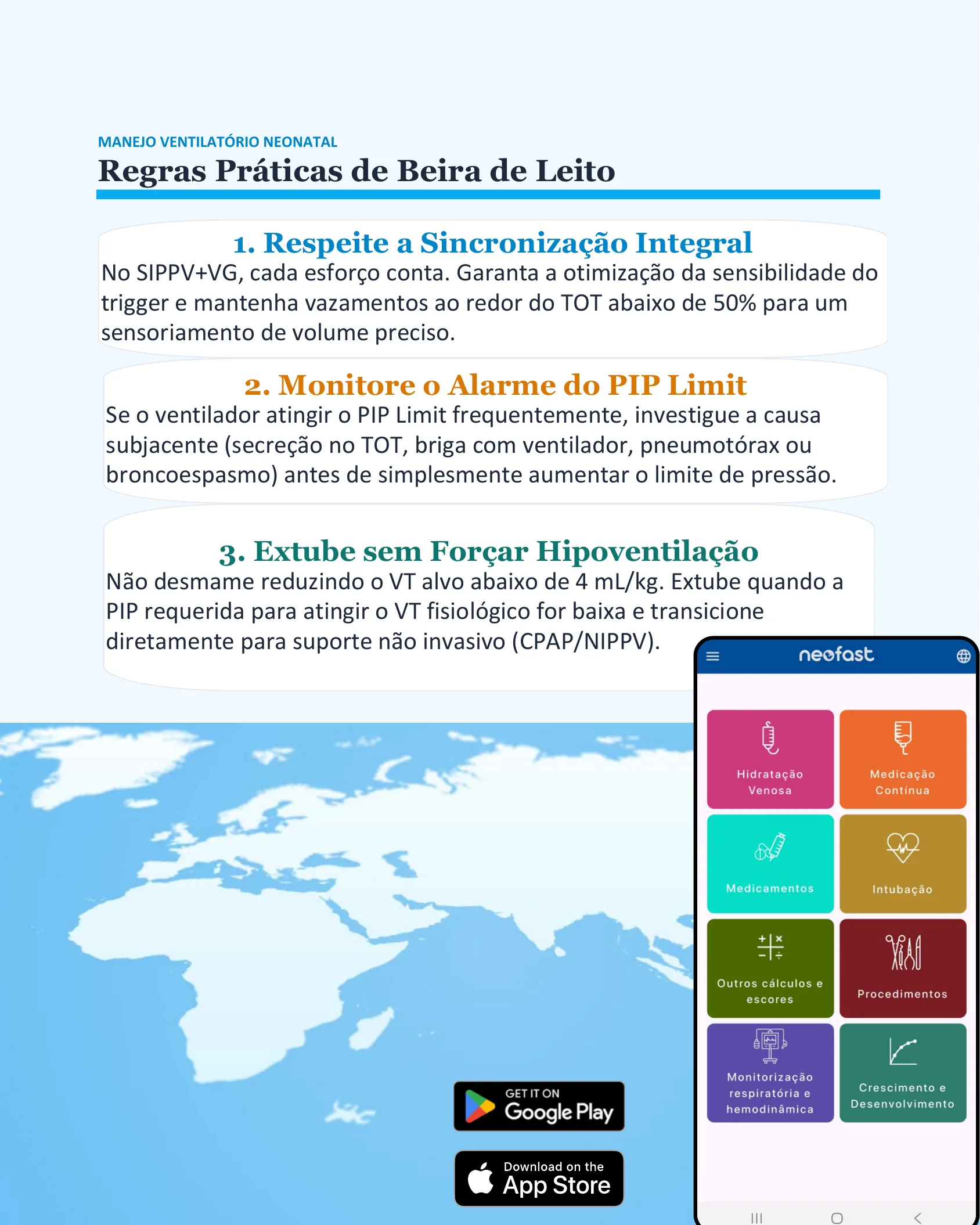 Infográfico final com três regras práticas de manejo ventilatório neonatal, mapa-múndi e ícones de download do aplicativo Neofast.