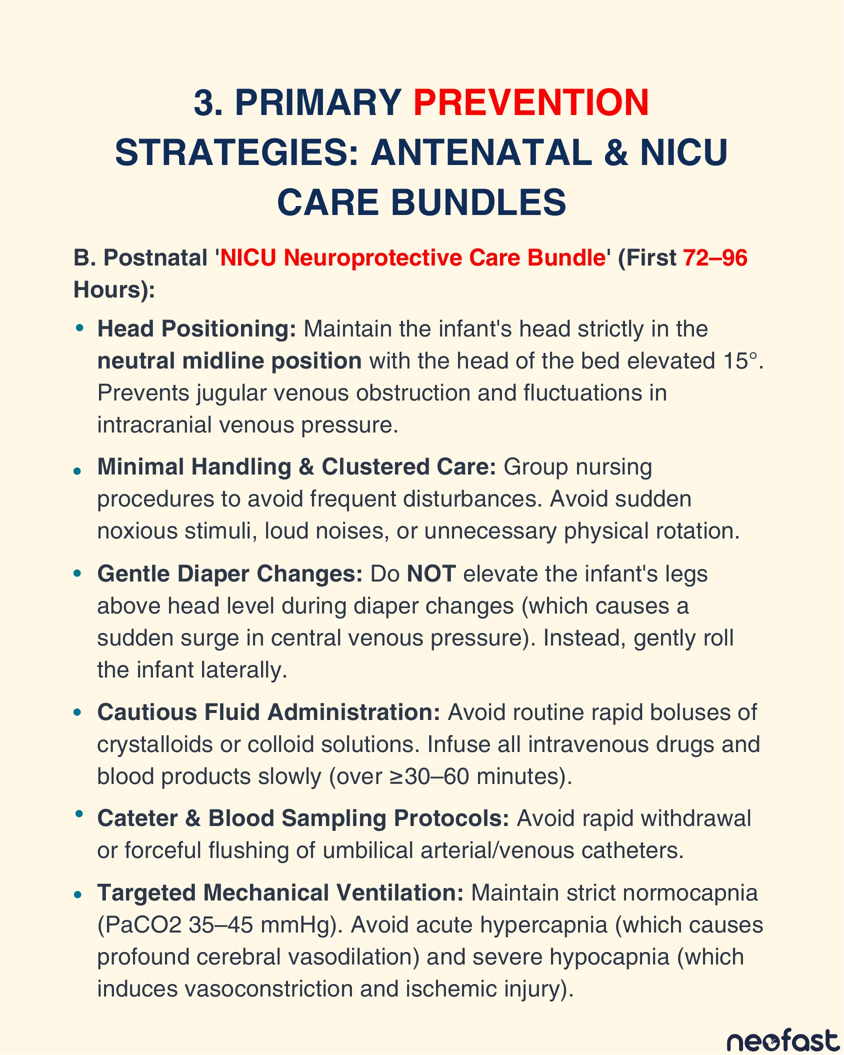 Text page listing the postnatal NICU neuroprotective care bundle for the first 72-96 hours of life to prevent GMH-IVH.