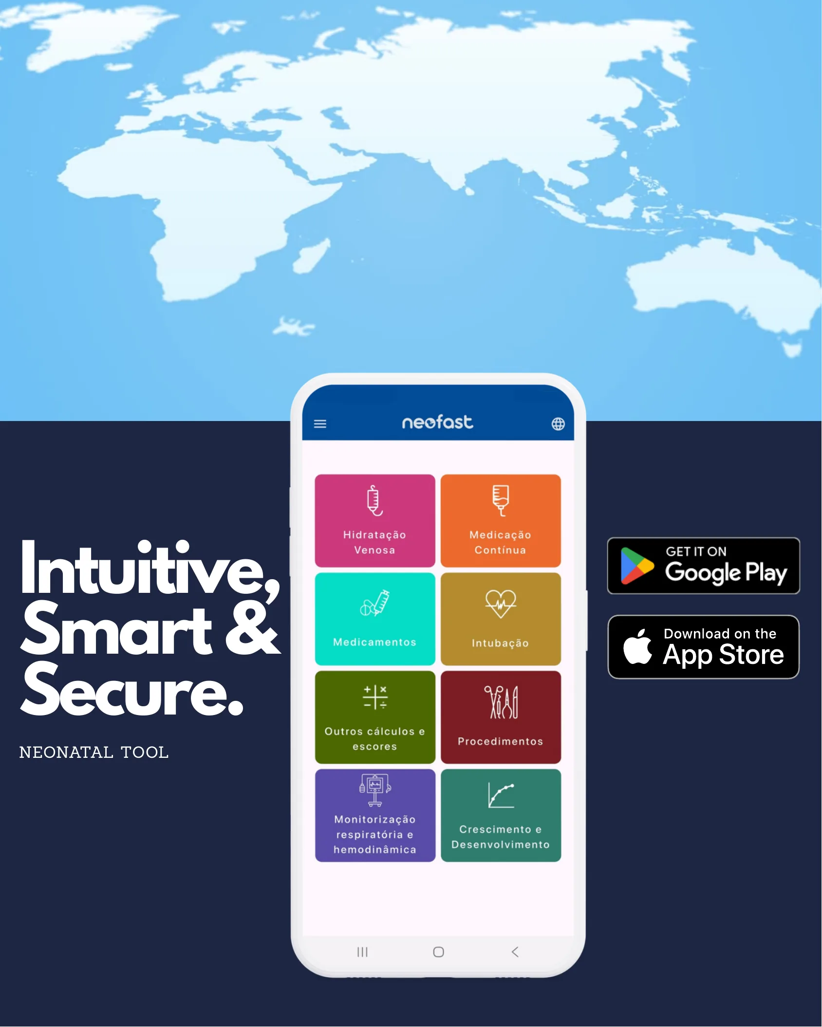 Promotional page for the Neofast neonatal tool app showing a phone screen with menu icons and download links for Google Play and the App Store, overlaid on a world map
