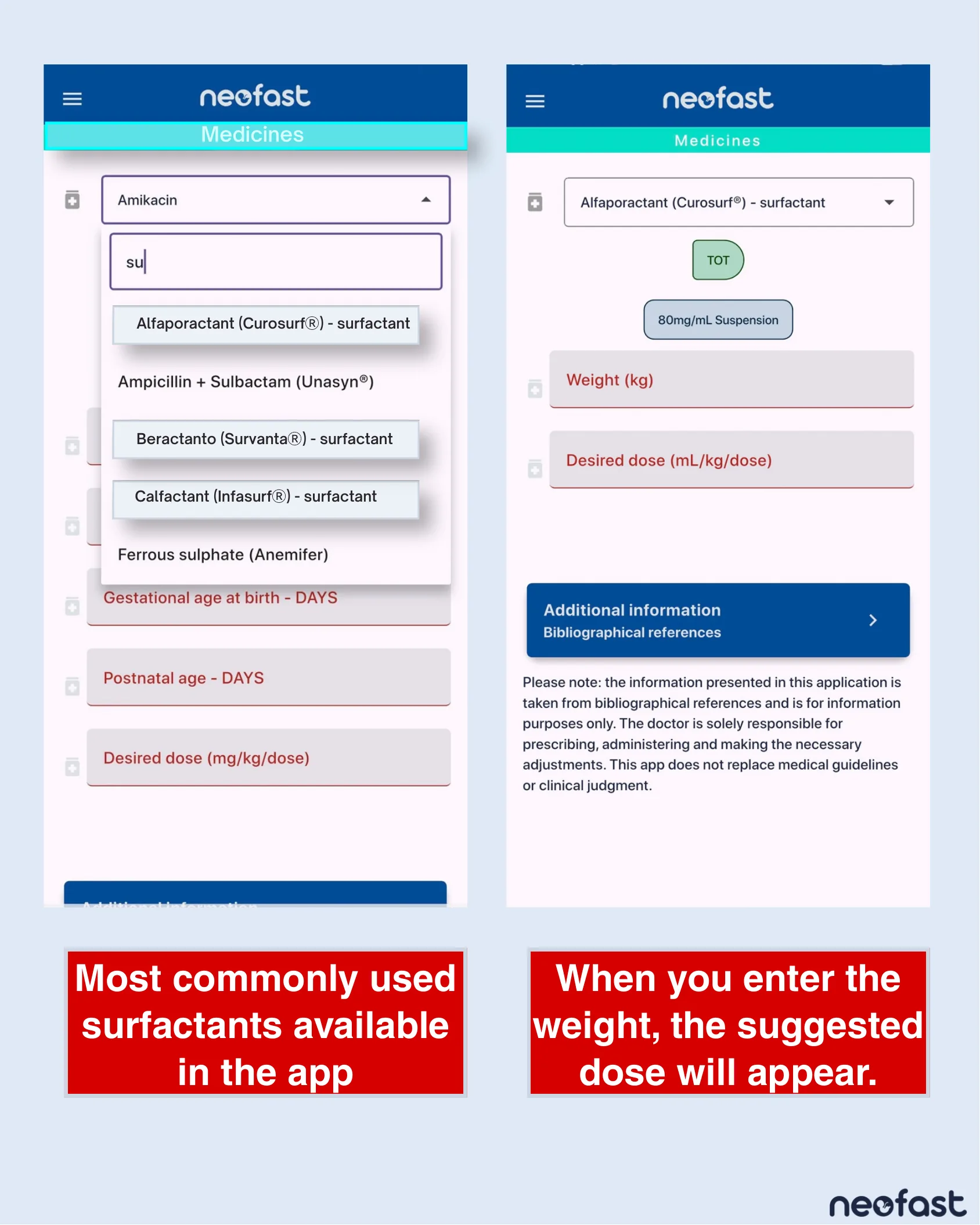 Two mobile app screenshots from Neofast showing a medicine search dropdown listing common surfactants and a dose calculator screen for Alfaporactant with weight and desired dose fields.