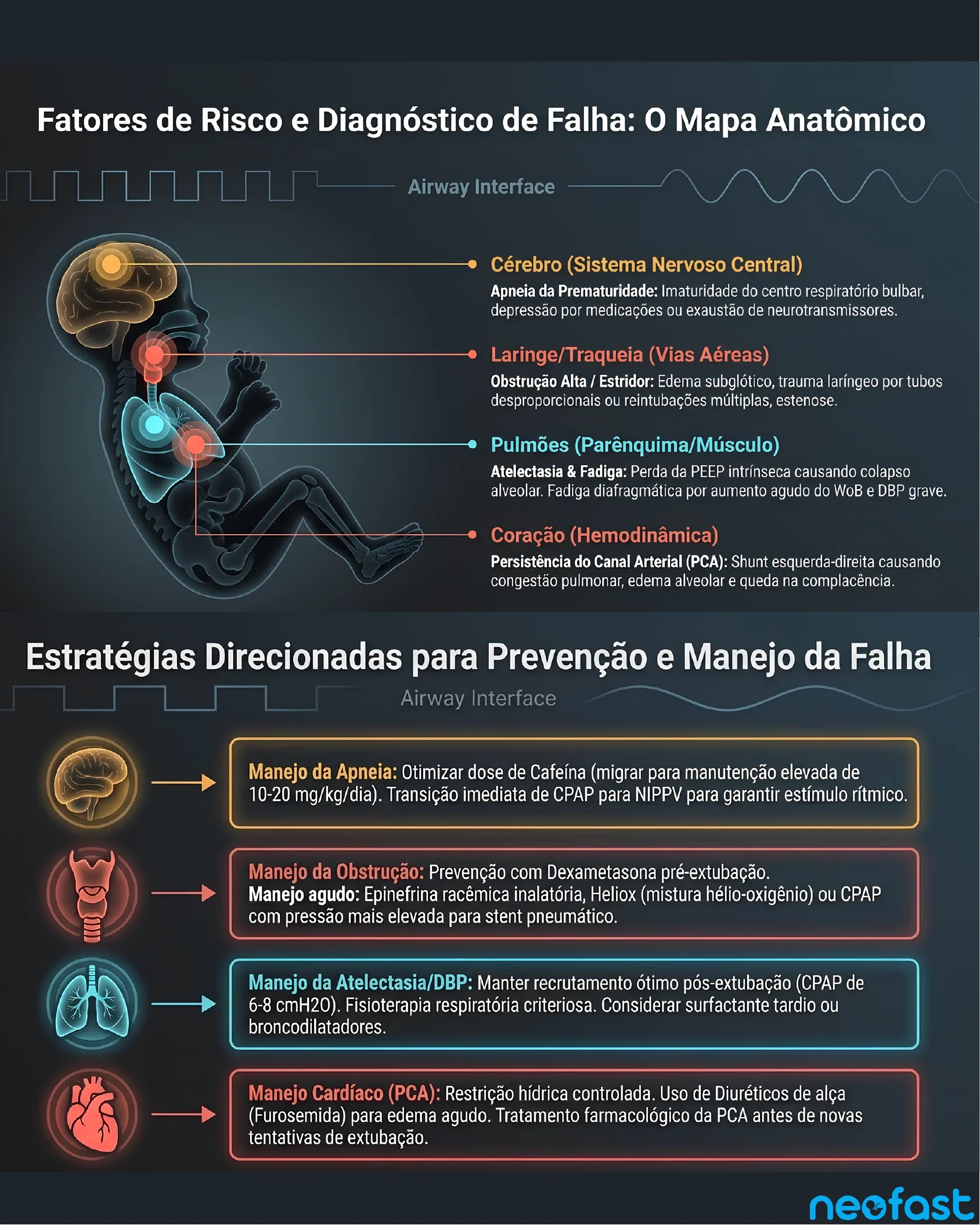 Ilustração anatômica de recém-nascido destacando cérebro, laringe/traqueia, pulmões e coração como sítios de falha de extubação, seguida de estratégias direcionadas de prevenção e manejo para cada sistema.