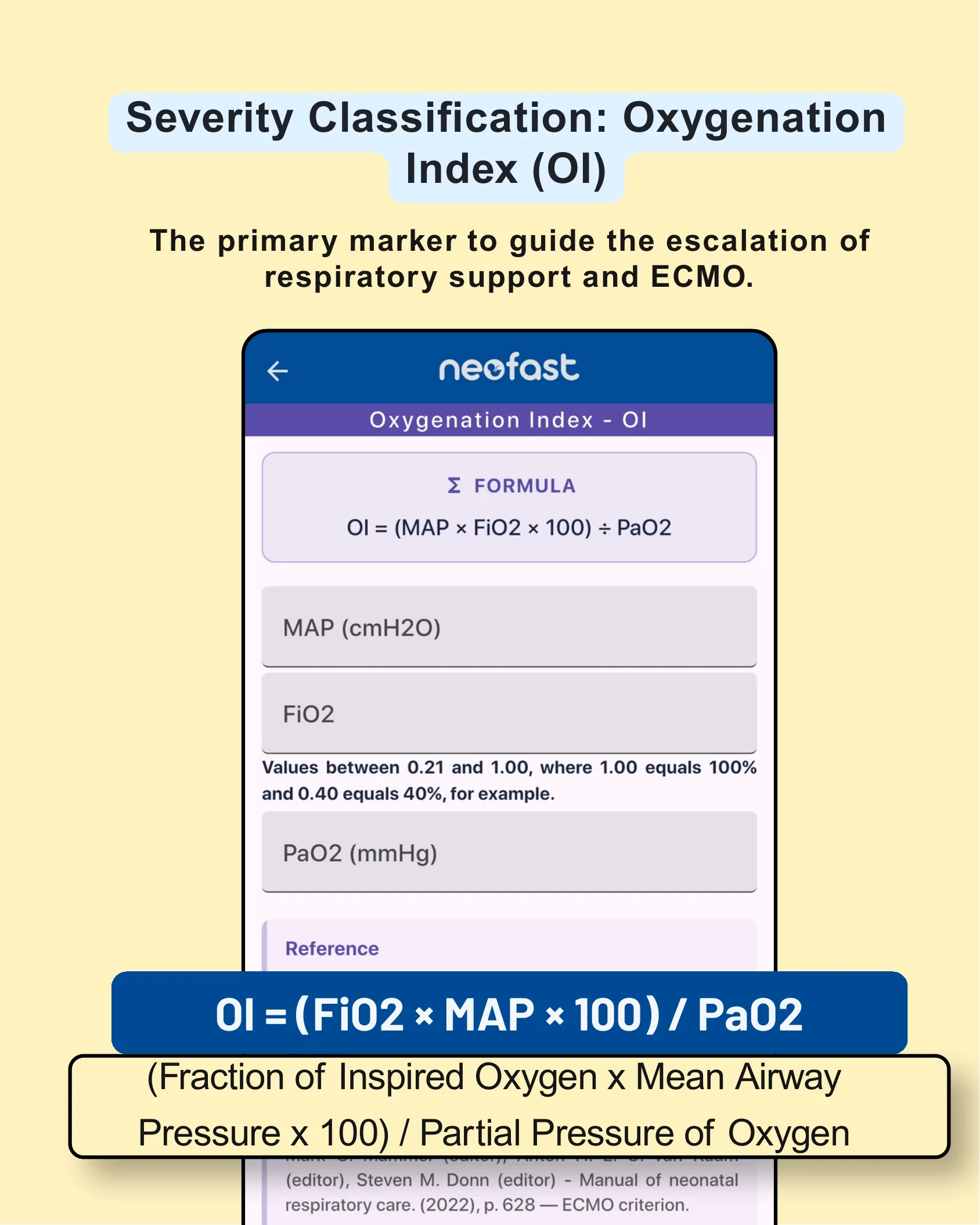 Tela de aplicativo Neofast mostrando a calculadora do Índice de Oxigenação com a fórmula IO = (MAP x FiO2 x 100) / PaO2.