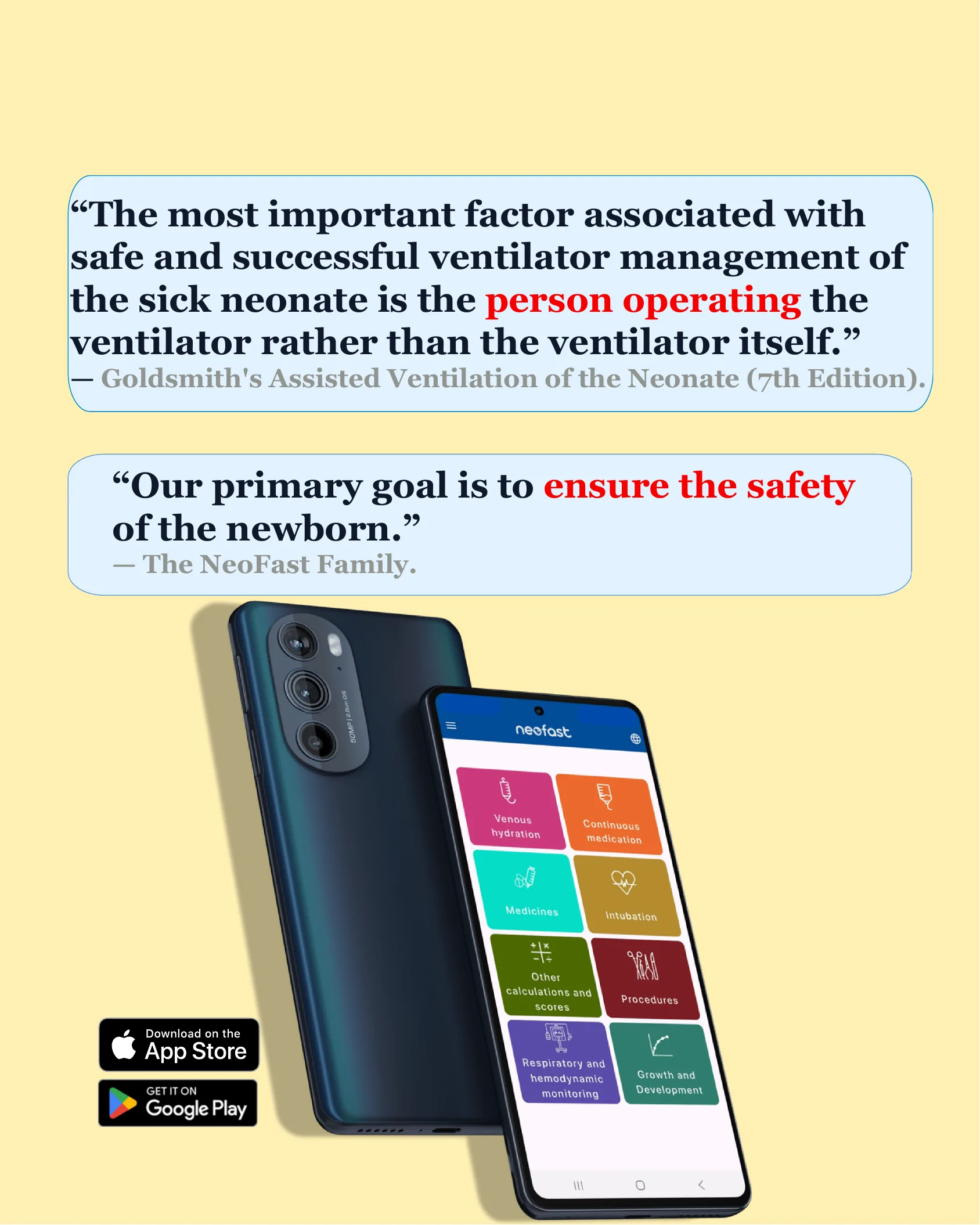 Infographic with two quoted statements about neonatal ventilator safety and NeoFast's mission, alongside a smartphone displaying the NeoFast app home screen and app store download badges.