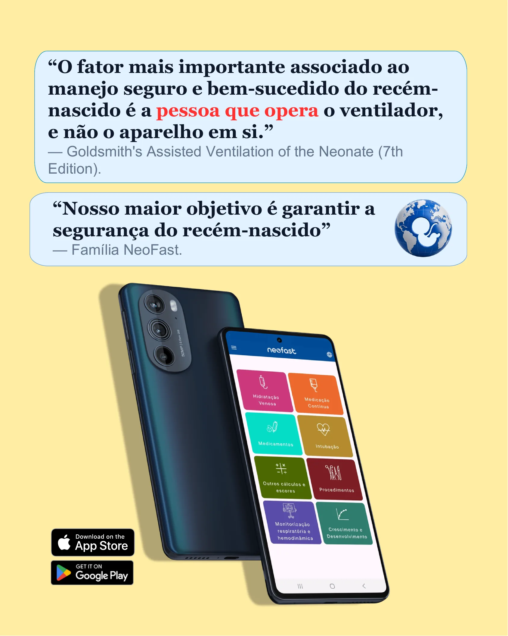Página final do infográfico com citações sobre segurança neonatal e imagem de smartphone exibindo a tela inicial do aplicativo NeoFast com ícones de funcionalidades.