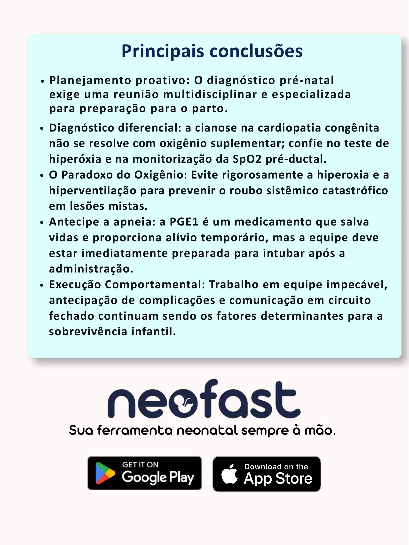 Infográfico com fundo azul claro listando as principais conclusões sobre cardiopatia congênita neonatal, seguido do logotipo Neofast e ícones de download nas lojas Google Play e App Store.