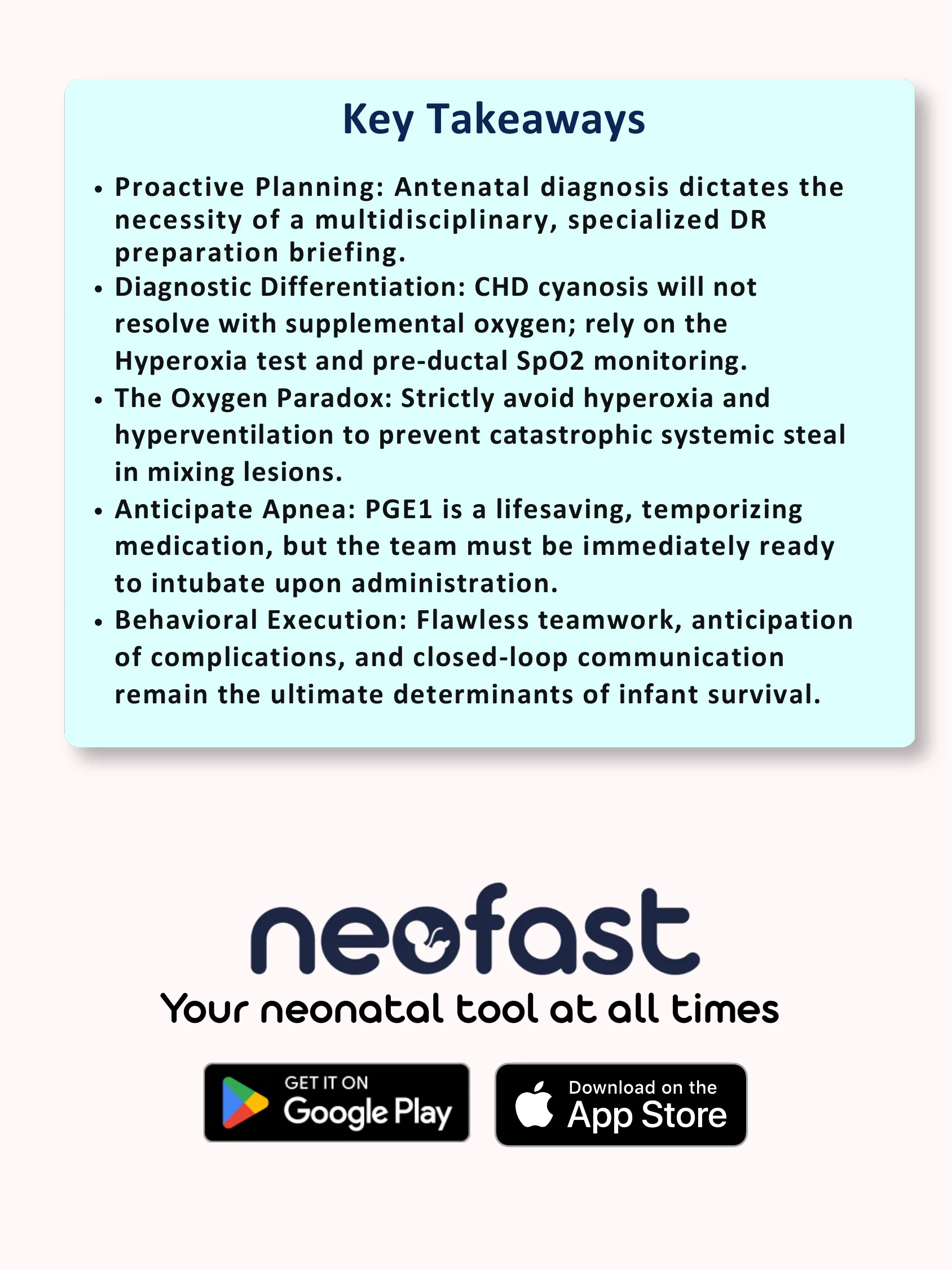 Teal infographic slide listing five key takeaways on managing cyanotic congenital heart disease in the delivery room, with the Neofast app logo and download buttons for Google Play and App Store below.
