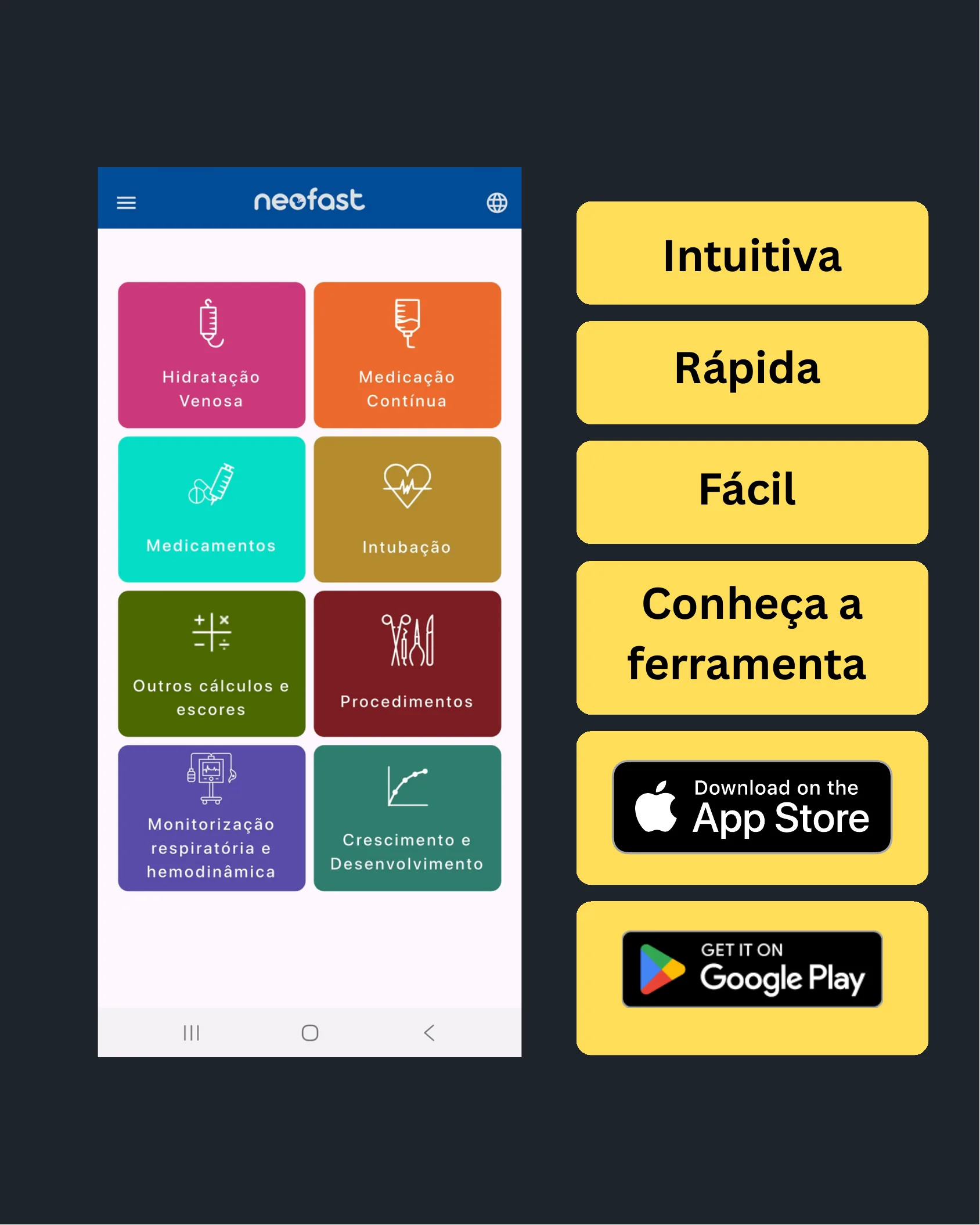Captura de tela do aplicativo Neofast com menu de categorias como hidratação venosa, medicação contínua, medicamentos, intubação, cálculos, procedimentos, monitorização e crescimento, acompanhada de botões de download nas lojas de aplicativos.