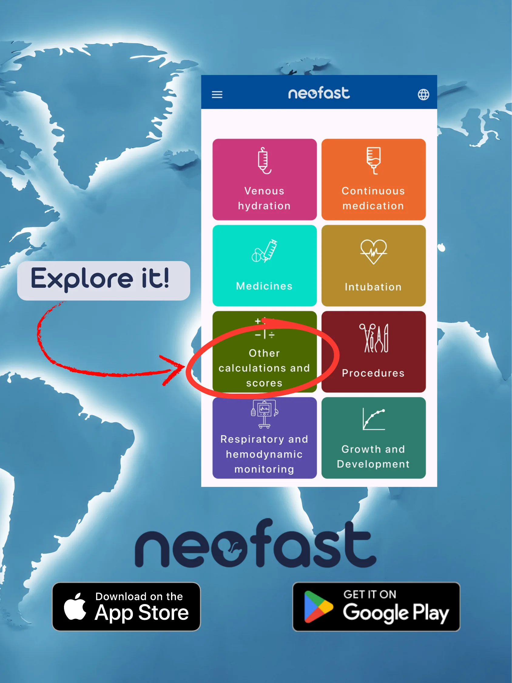 Promotional page showing the Neofast app home screen with a highlighted 'Other calculations and scores' section, alongside App Store and Google Play download buttons over a world map background.