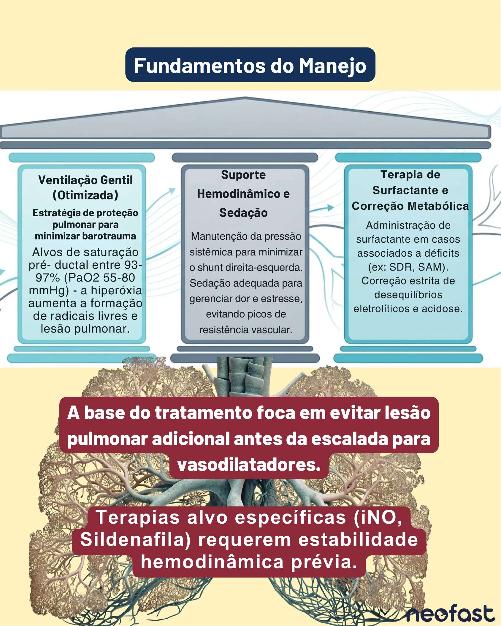 Ilustração de um templo com três colunas representando os fundamentos do manejo da HIPN, sobre uma imagem estilizada de pulmões e vasos pulmonares.
