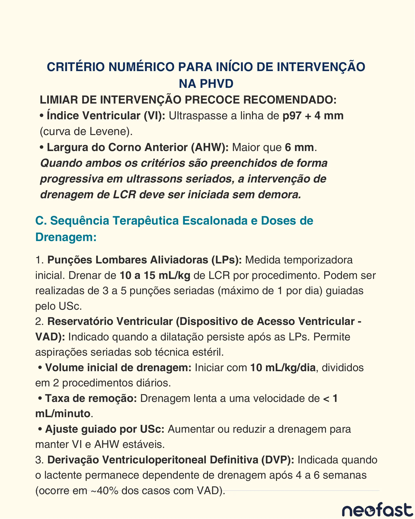 Página de texto detalhando os limiares numéricos de índice ventricular e largura do corno anterior para intervenção, além da sequência terapêutica escalonada com punções lombares e reservatório ventricular.