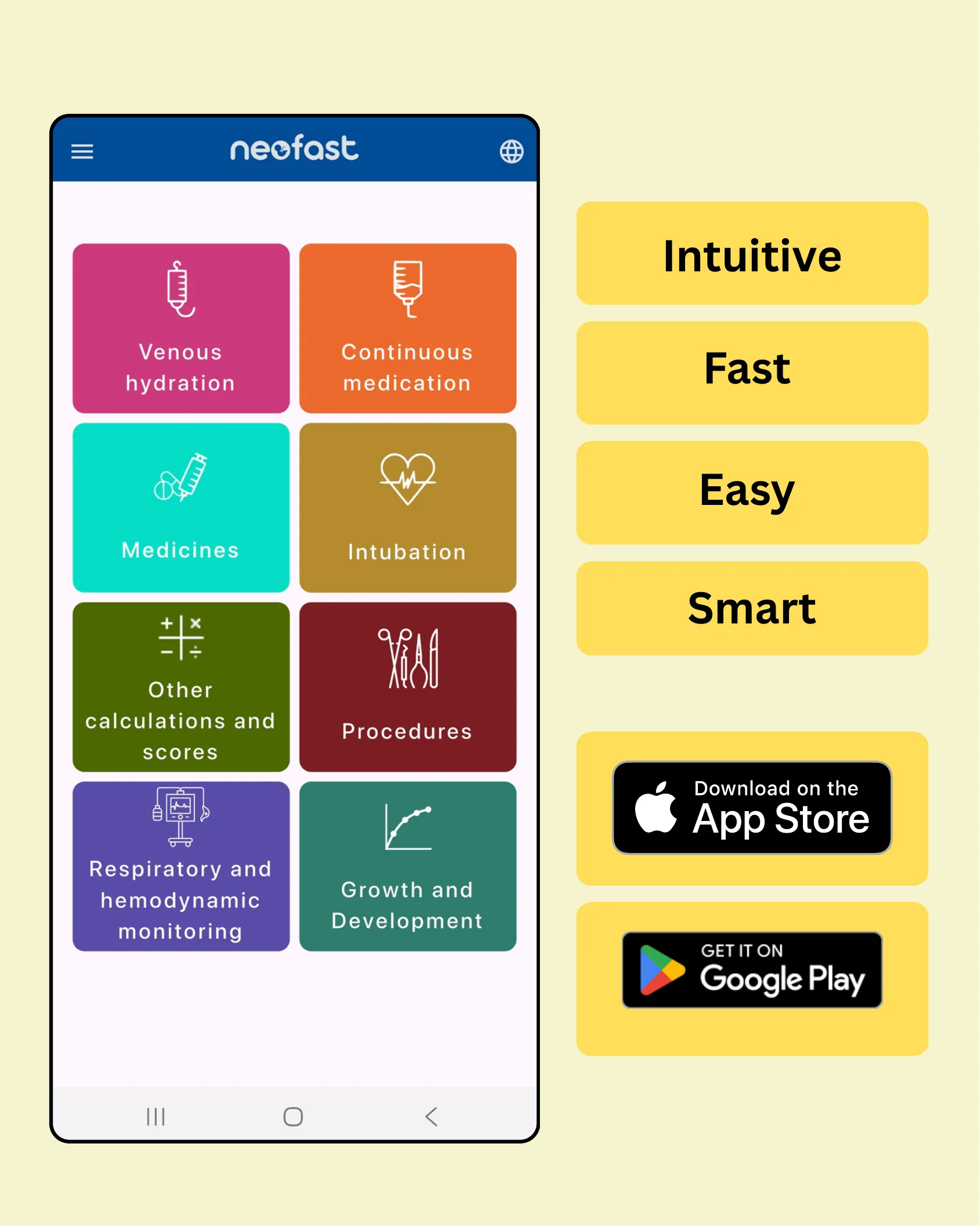 Mobile app screenshot of the Neofast application showing a grid menu with categories such as venous hydration, continuous medication, medicines, intubation, procedures, and growth and development, alongside promotional text and app store download buttons.