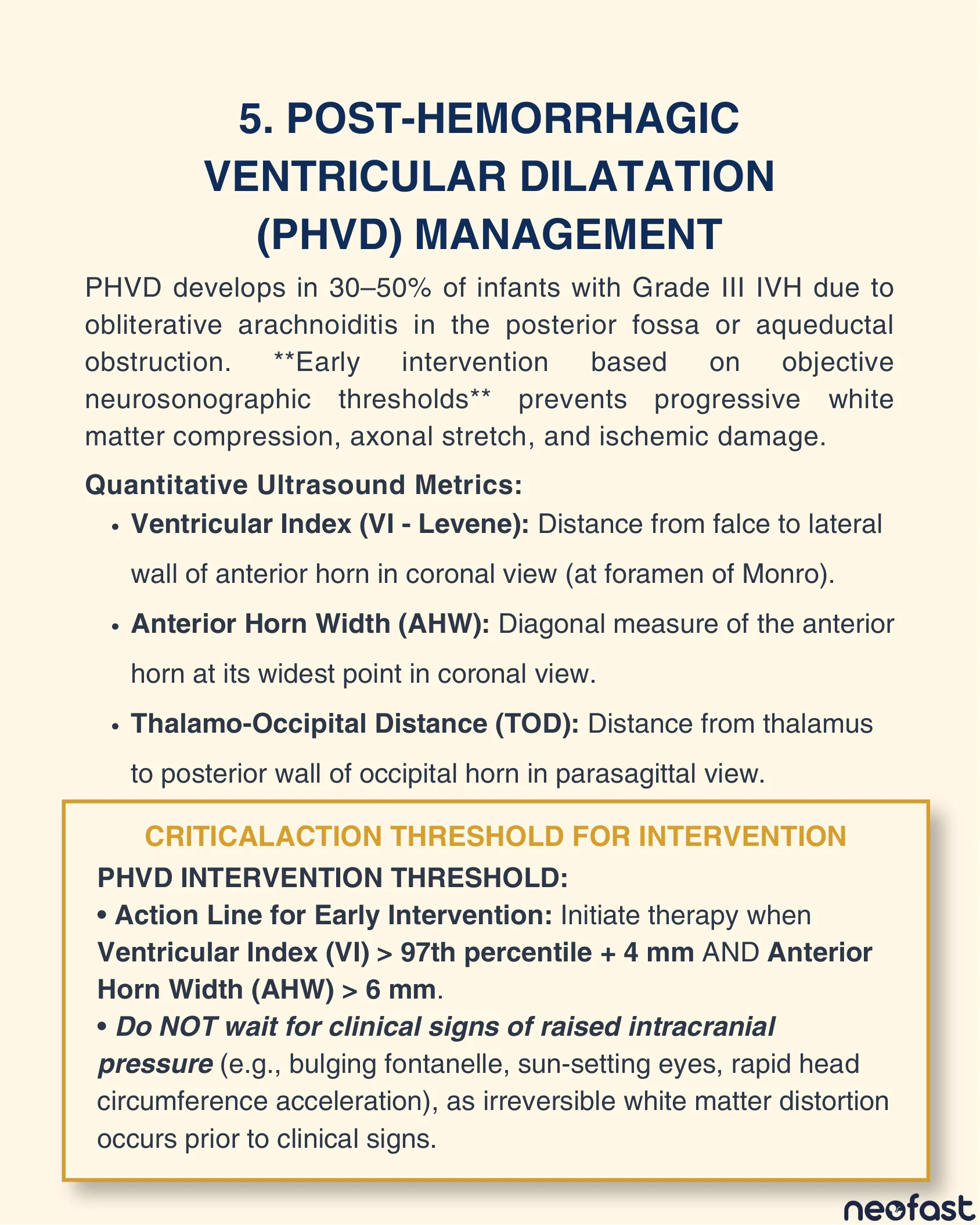 Text page describing PHVD pathophysiology, quantitative ultrasound metrics (VI, AHW, TOD), and the critical action threshold for early intervention.
