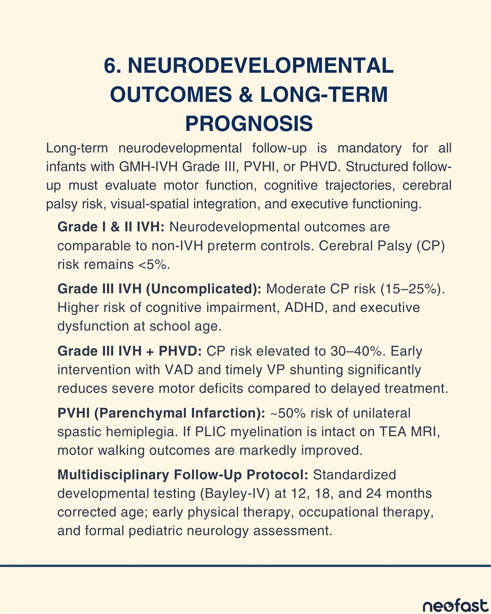 Text page summarizing neurodevelopmental outcomes and cerebral palsy risk by IVH grade, along with the recommended multidisciplinary follow-up protocol.