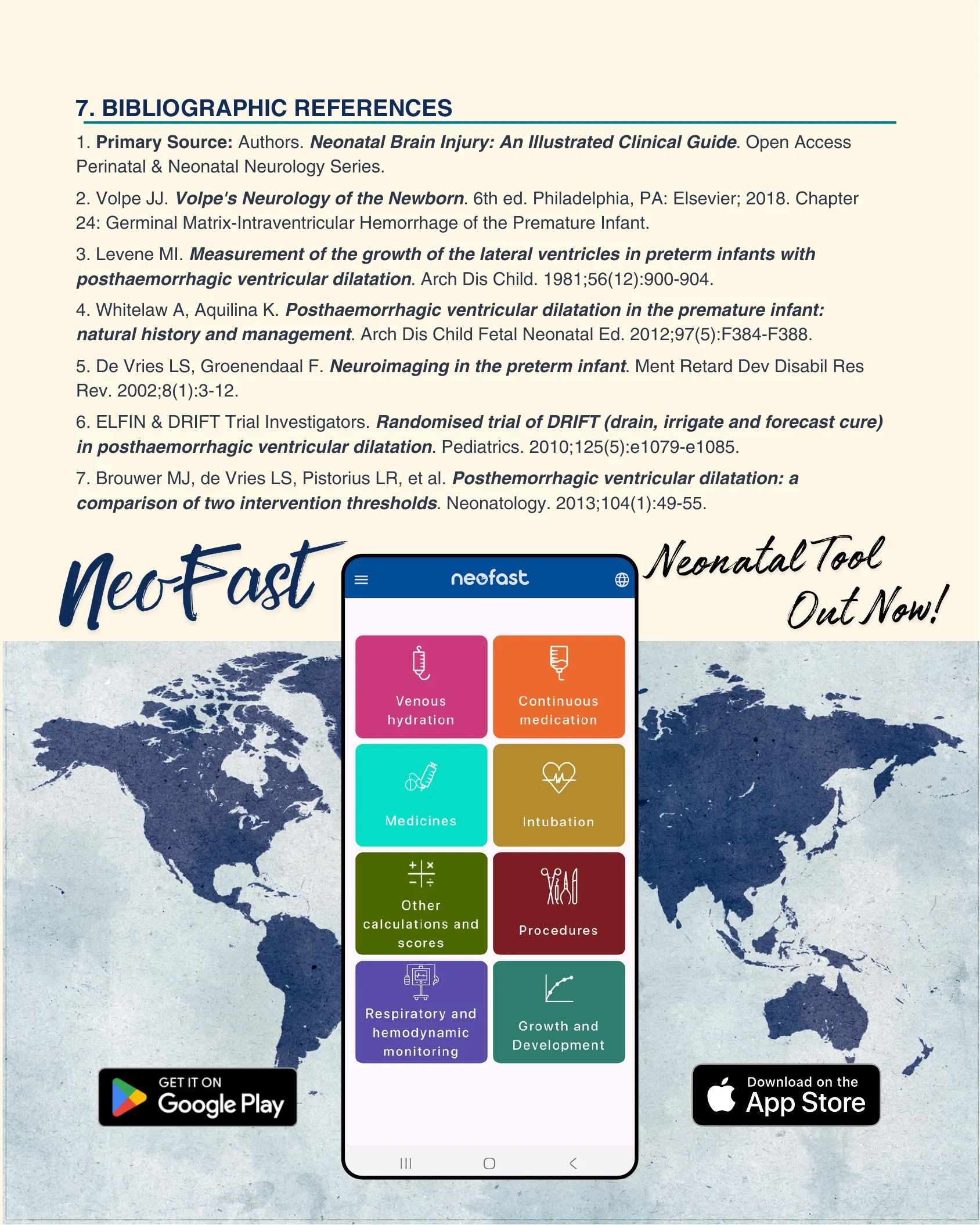 References list page followed by a promotional banner for the NeoFast neonatal tool app with app store download links.