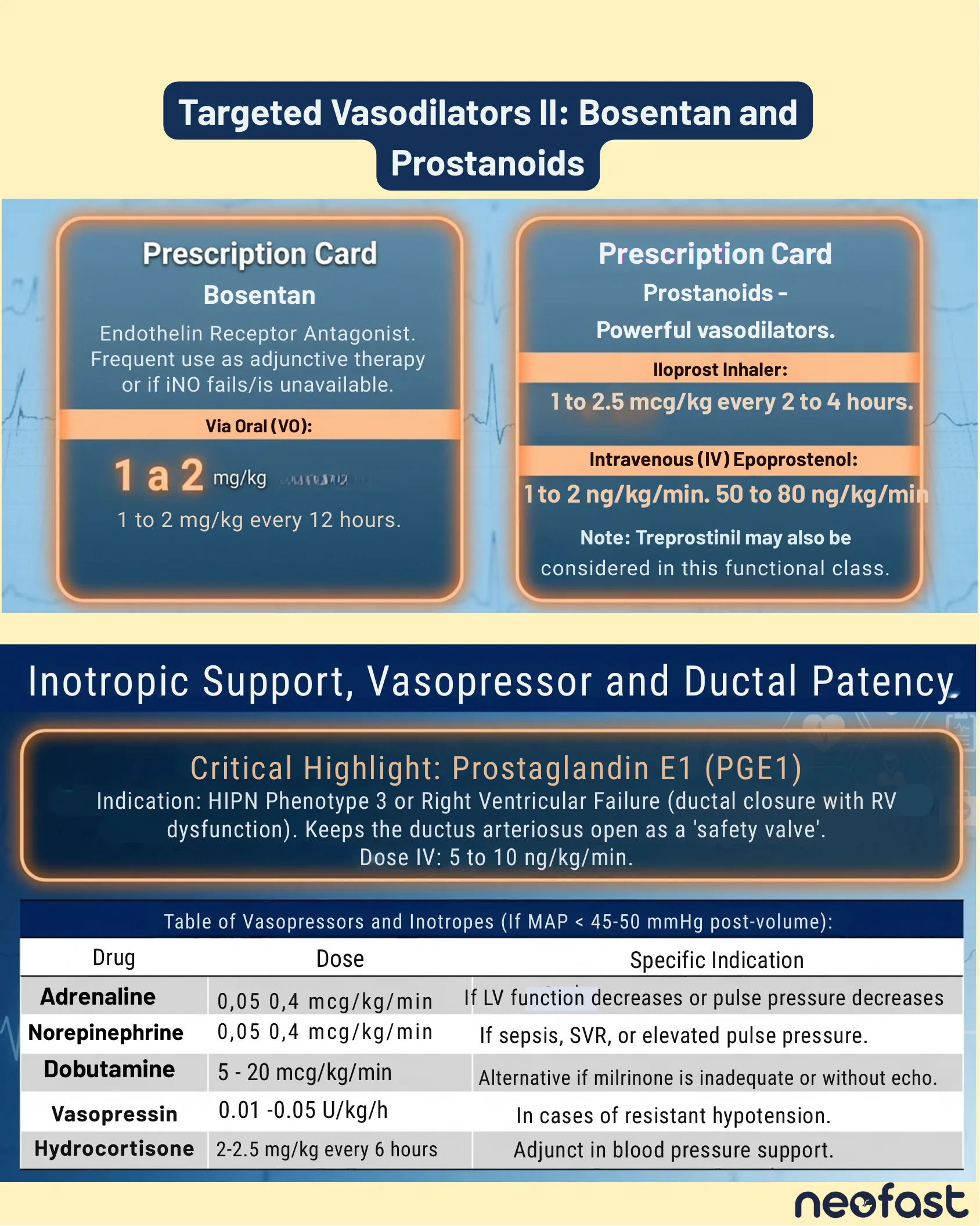 Cartões de prescrição de Bosentana e Prostanoides, seguidos de uma tabela com destaque para Prostaglandina E1 e doses de vasopressores e inotrópicos.