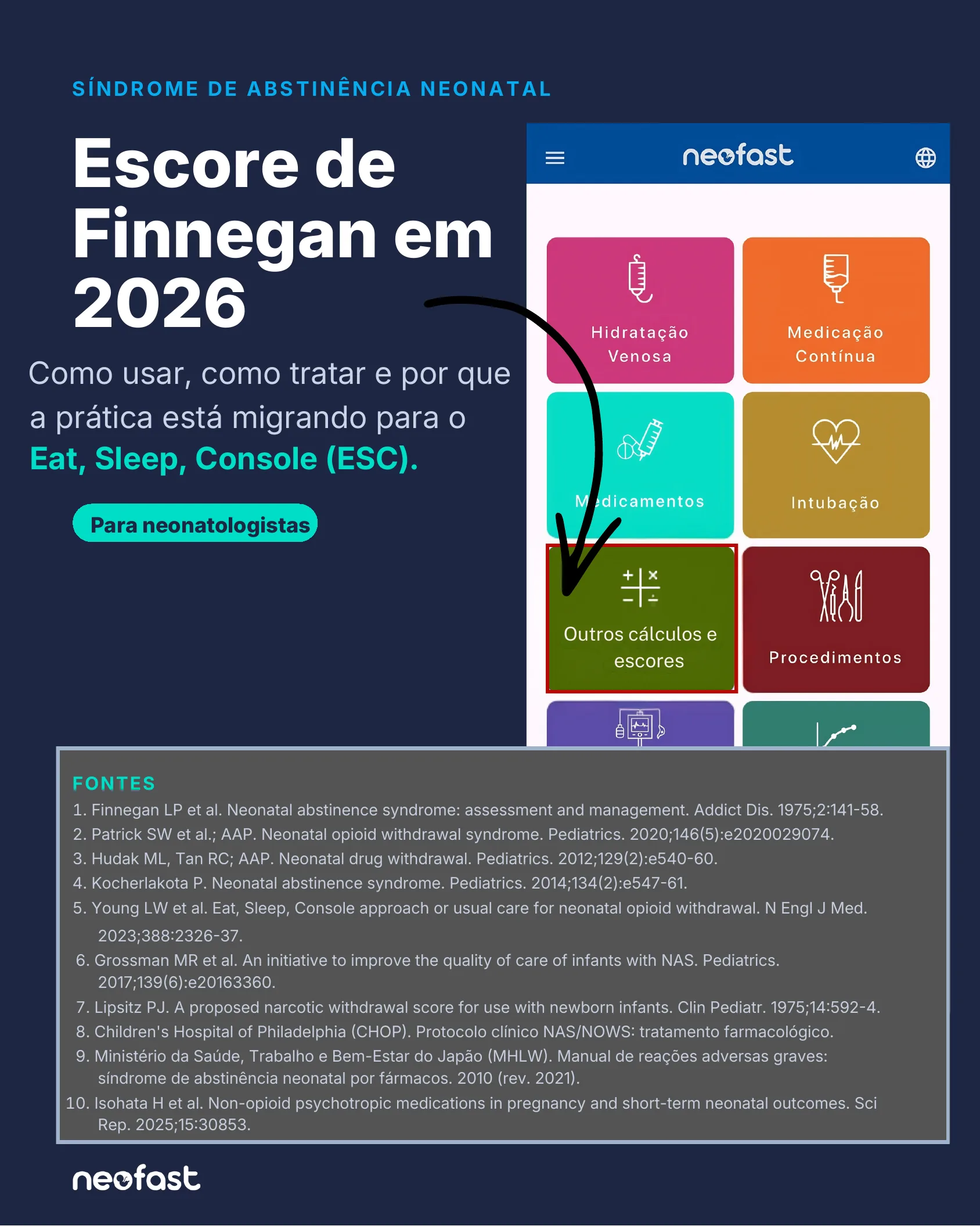 Capa do material sobre síndrome de abstinência neonatal apresentando o Escore de Finnegan em 2026, com imagem do aplicativo Neofast destacando o menu de outros cálculos e escores.