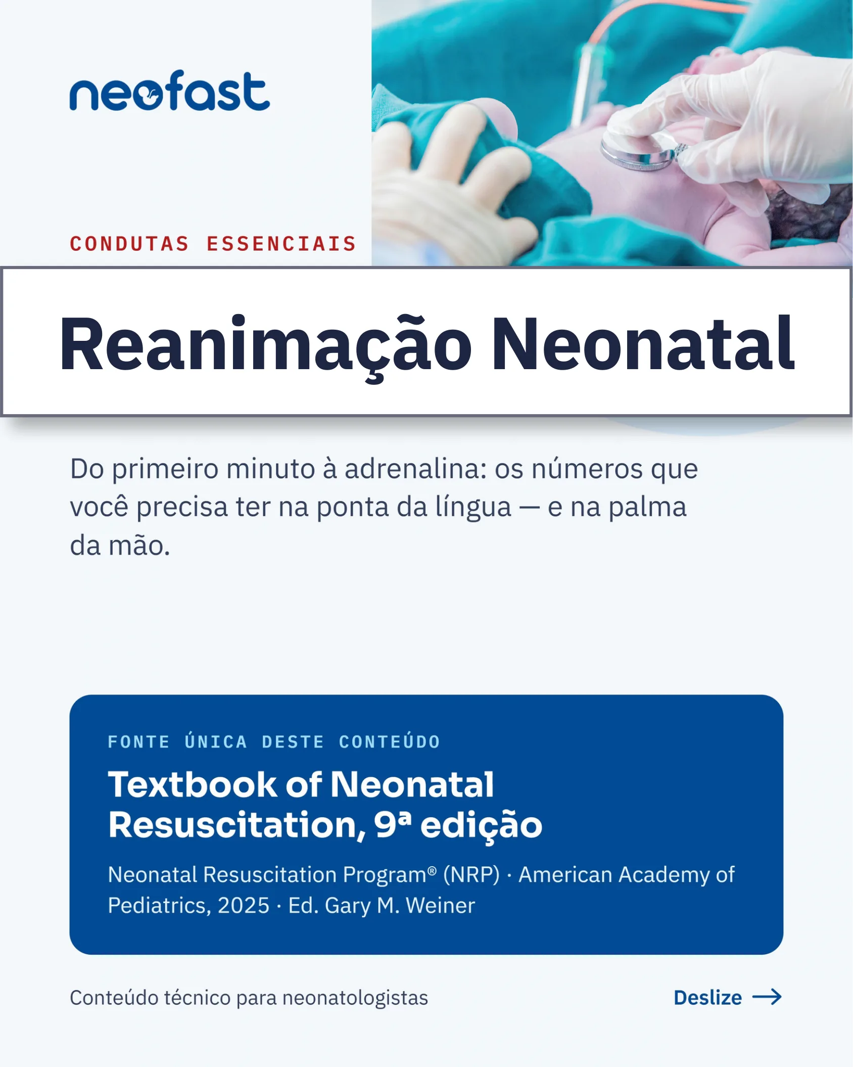 Capa do material técnico Neofast sobre Reanimação Neonatal, mostrando um recém-nascido sendo examinado com estetoscópio por profissional de saúde.
