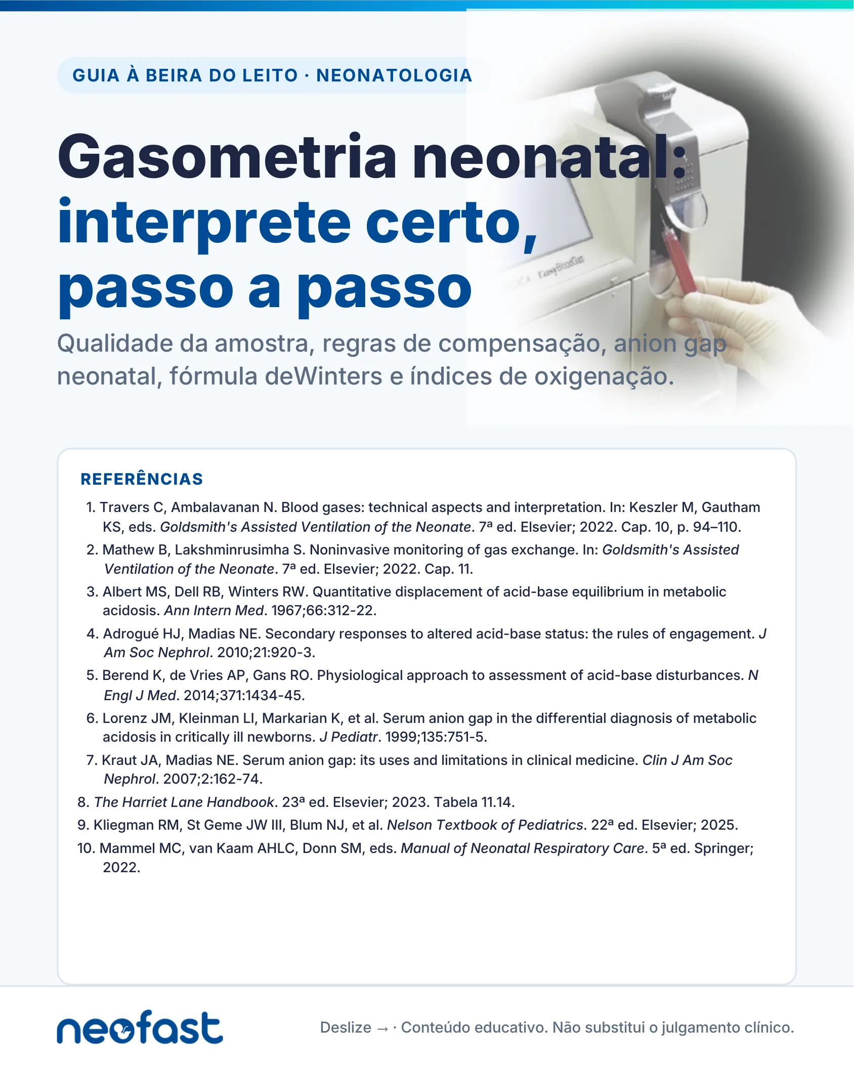 Capa do guia sobre gasometria neonatal com imagem de analisador de gases sanguíneos e seringa de sangue.