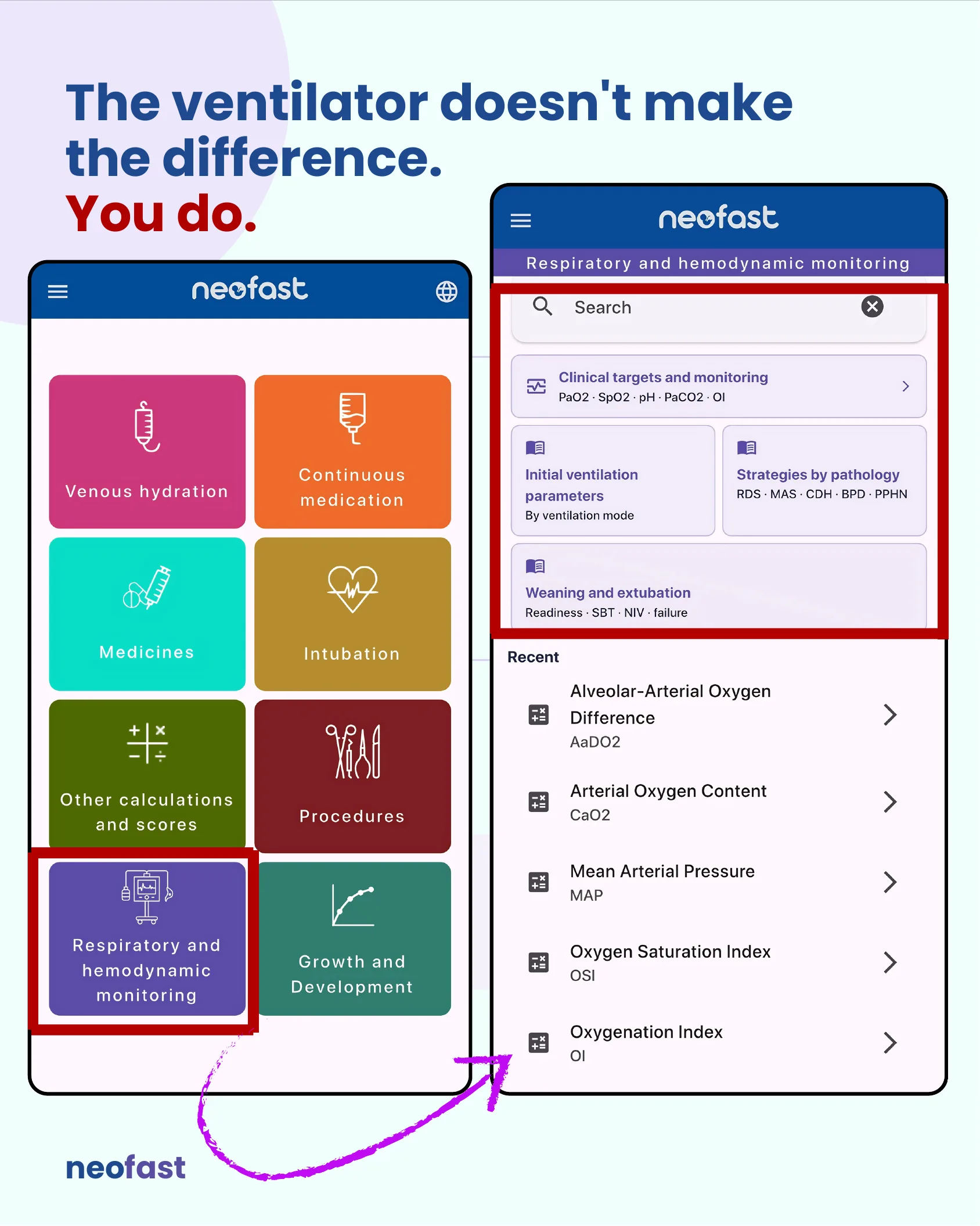 App navigation screenshots showing the main menu with Respiratory and hemodynamic monitoring tile and the resulting submenu including search, clinical targets, initial ventilation parameters, strategies by pathology, weaning and extubation, and recent calculators.