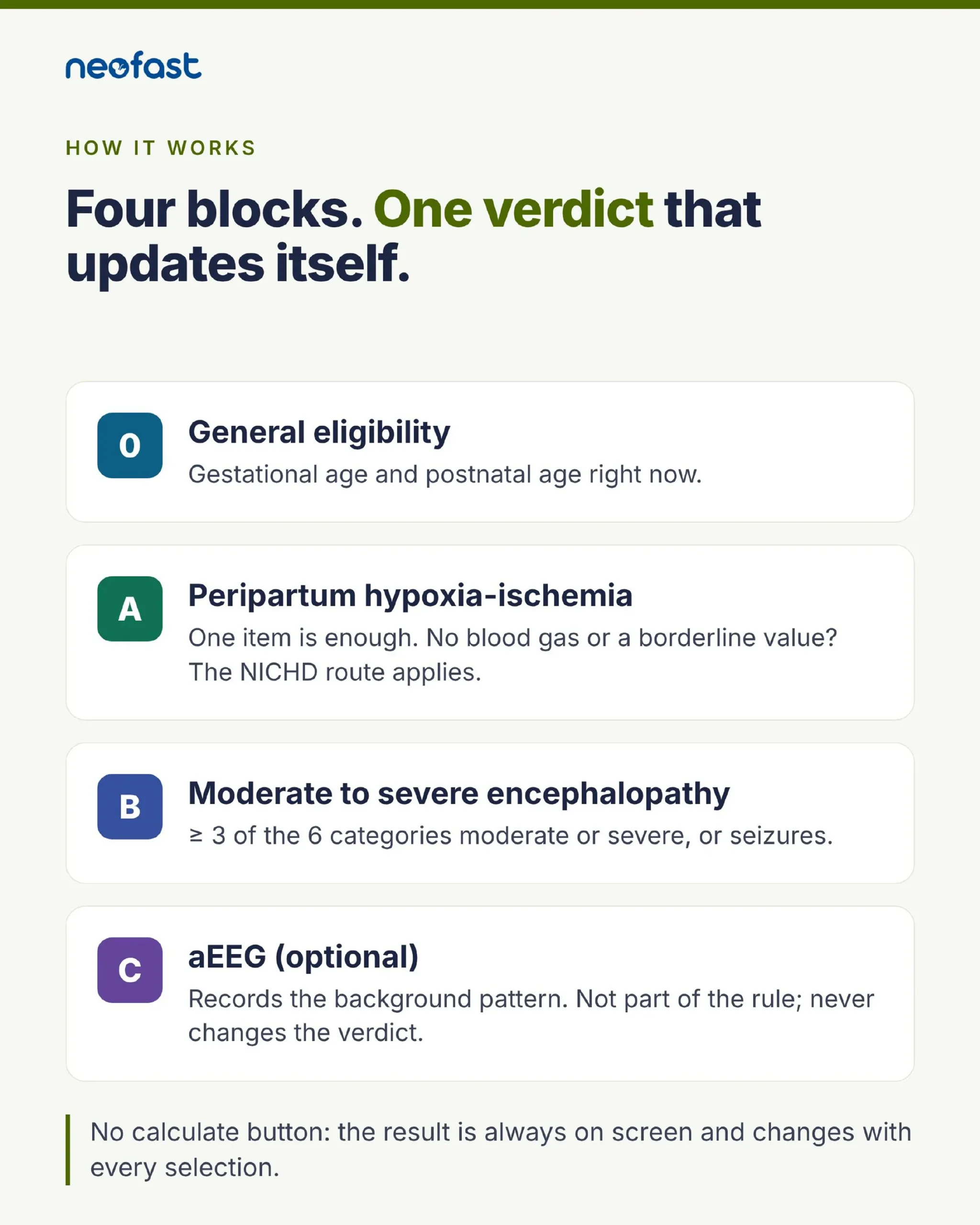 Infographic listing the four decision blocks of the NeoFast tool: general eligibility, peripartum hypoxia-ischemia, moderate to severe encephalopathy, and optional aEEG.