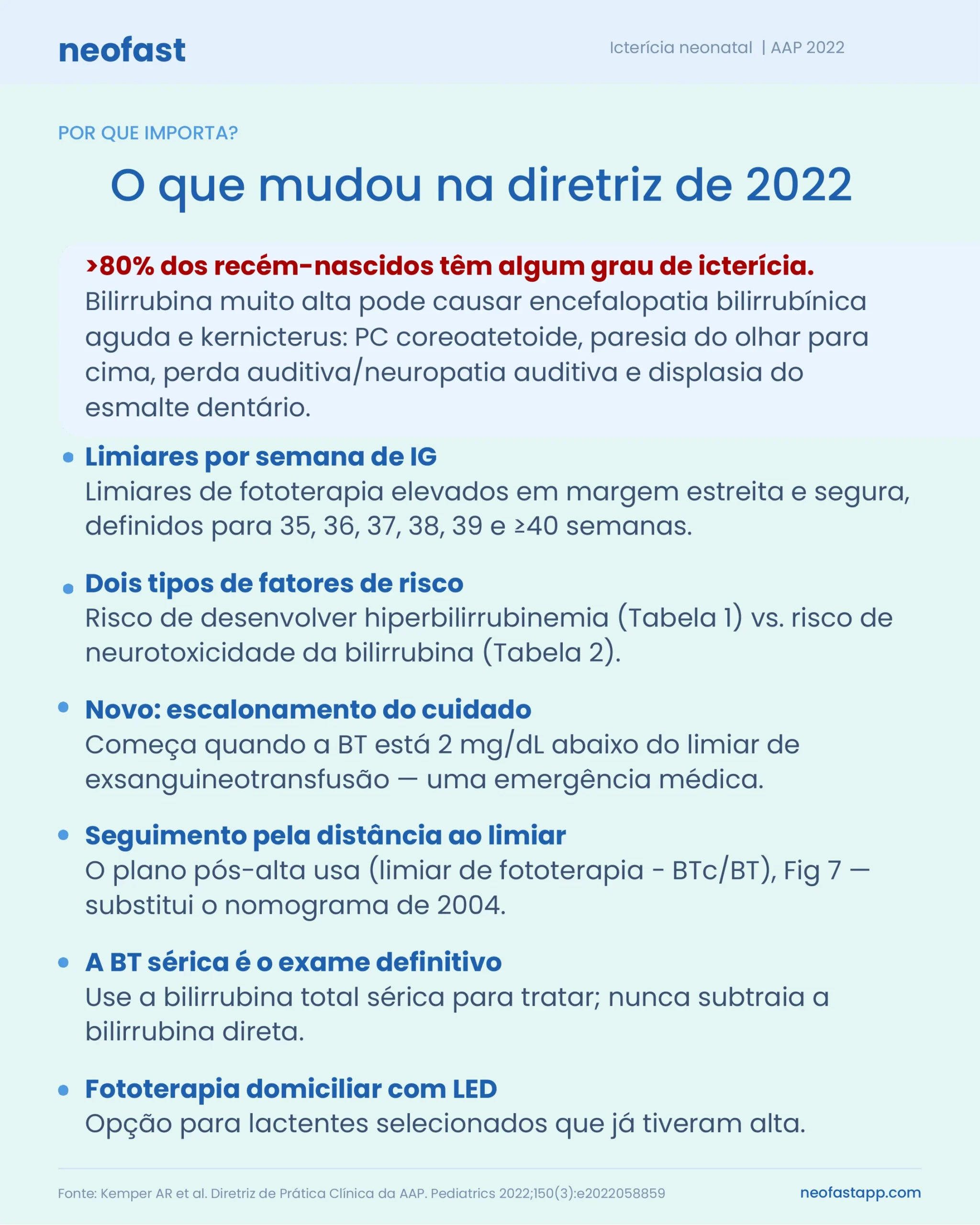 Lista de pontos-chave sobre as mudanças da diretriz AAP 2022 para icterícia neonatal, incluindo limiares por idade gestacional, fatores de risco, escalonamento do cuidado e seguimento pós-alta.