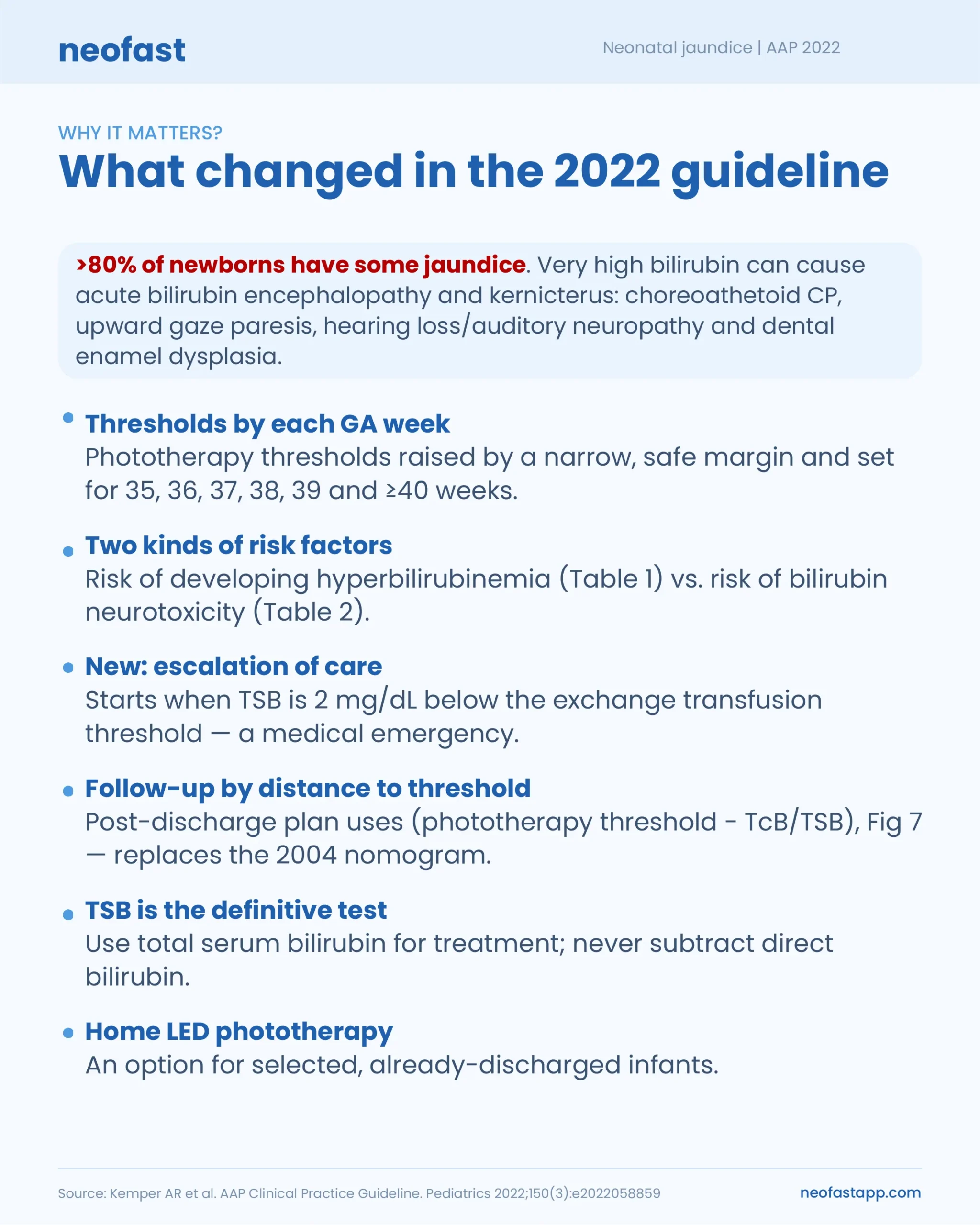 Infographic listing the key changes introduced in the AAP 2022 neonatal jaundice guideline compared to prior recommendations.