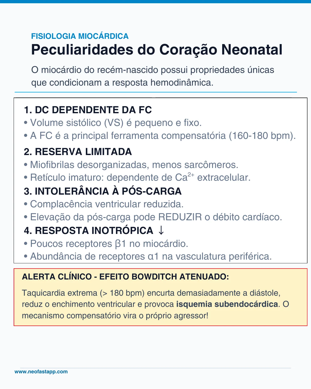 Página detalhando as características fisiológicas únicas do miocárdio neonatal e o alerta sobre taquicardia extrema.