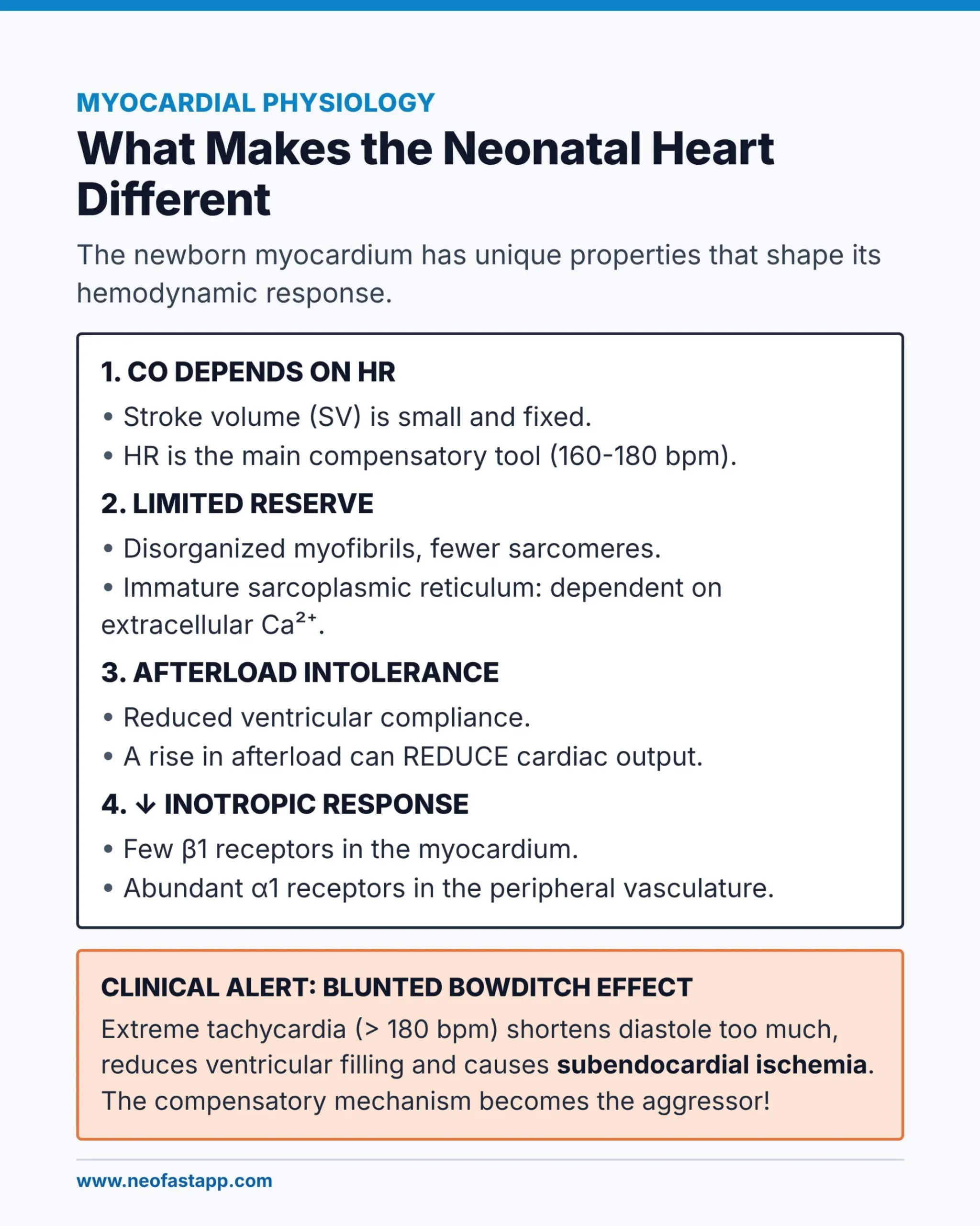 Infographic page listing the unique myocardial physiology features of the newborn heart and a clinical alert about the blunted Bowditch effect.
