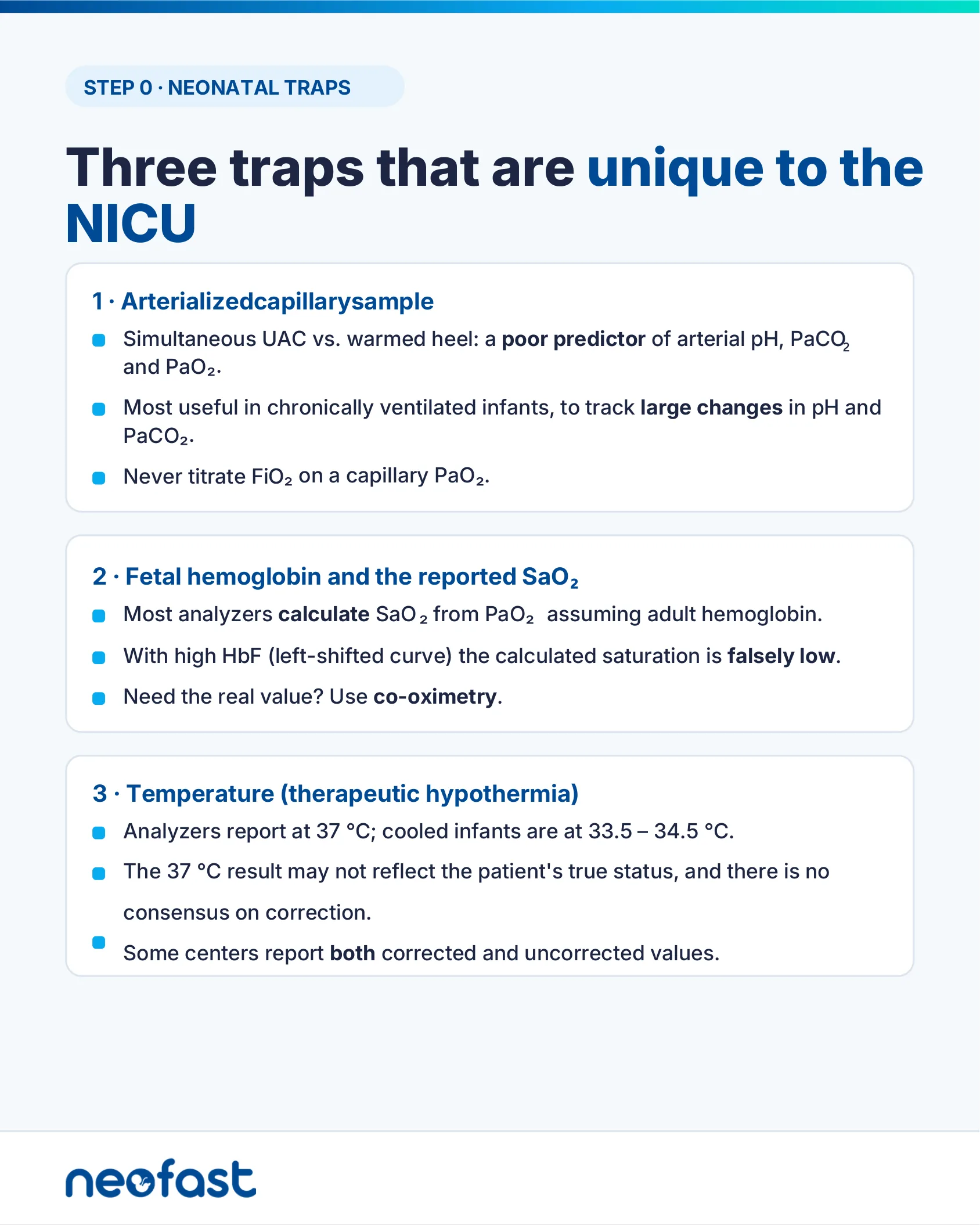 List of three NICU-specific pitfalls affecting blood gas interpretation: arterialized capillary samples, fetal hemoglobin effects on SaO2, and therapeutic hypothermia temperature correction.