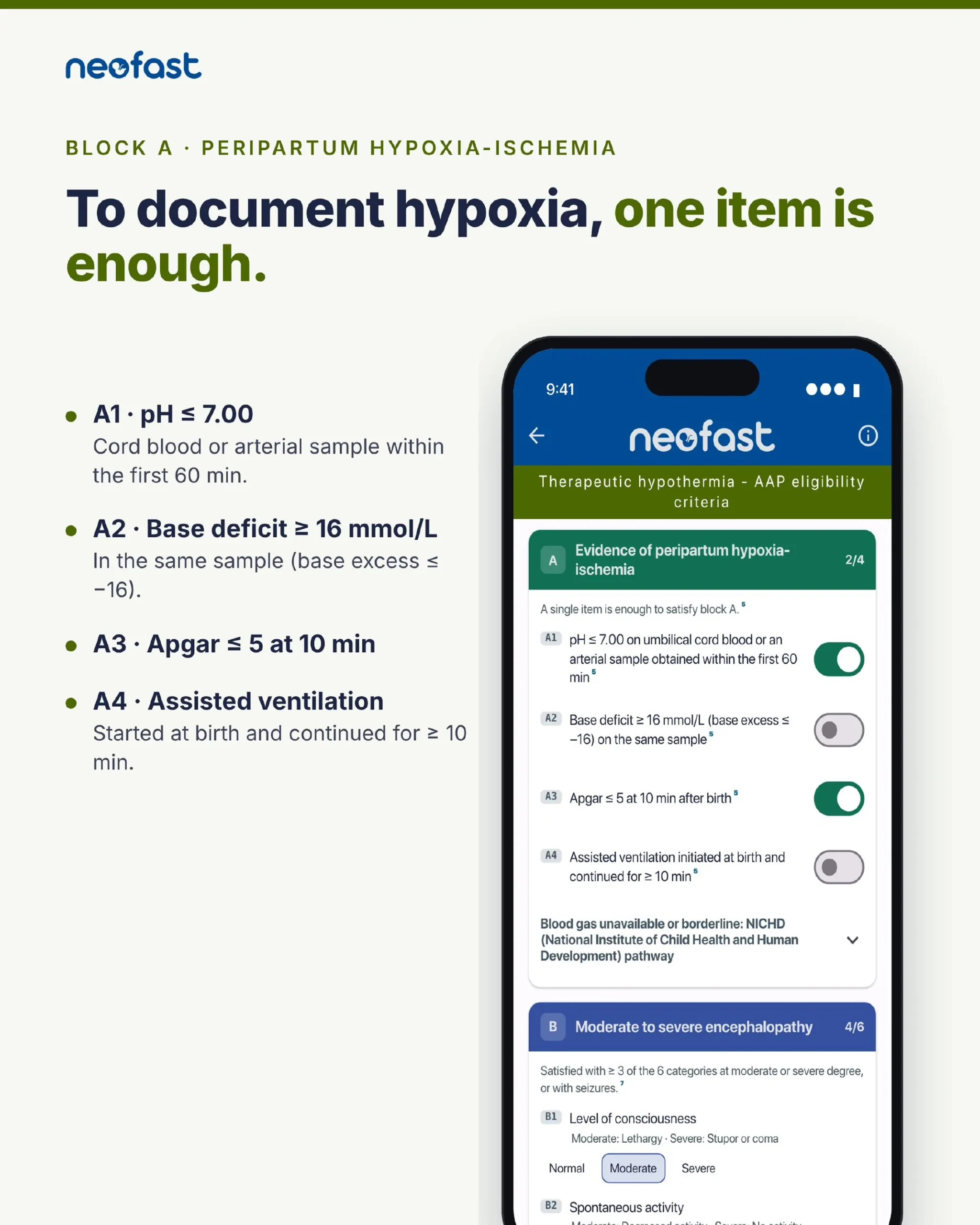 Phone screen displaying the four toggles A1 to A4 for documenting peripartum hypoxia-ischemia, with block B encephalopathy section beginning below.