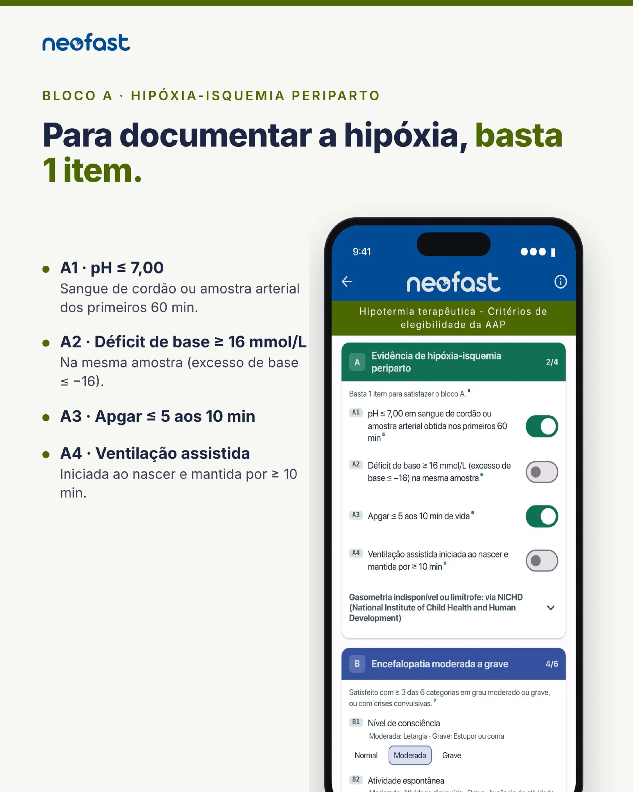 Página explicando os quatro itens do bloco A (pH, déficit de base, Apgar e ventilação assistida) com print do app mostrando os toggles ativados e o início do bloco B sobre encefalopatia.
