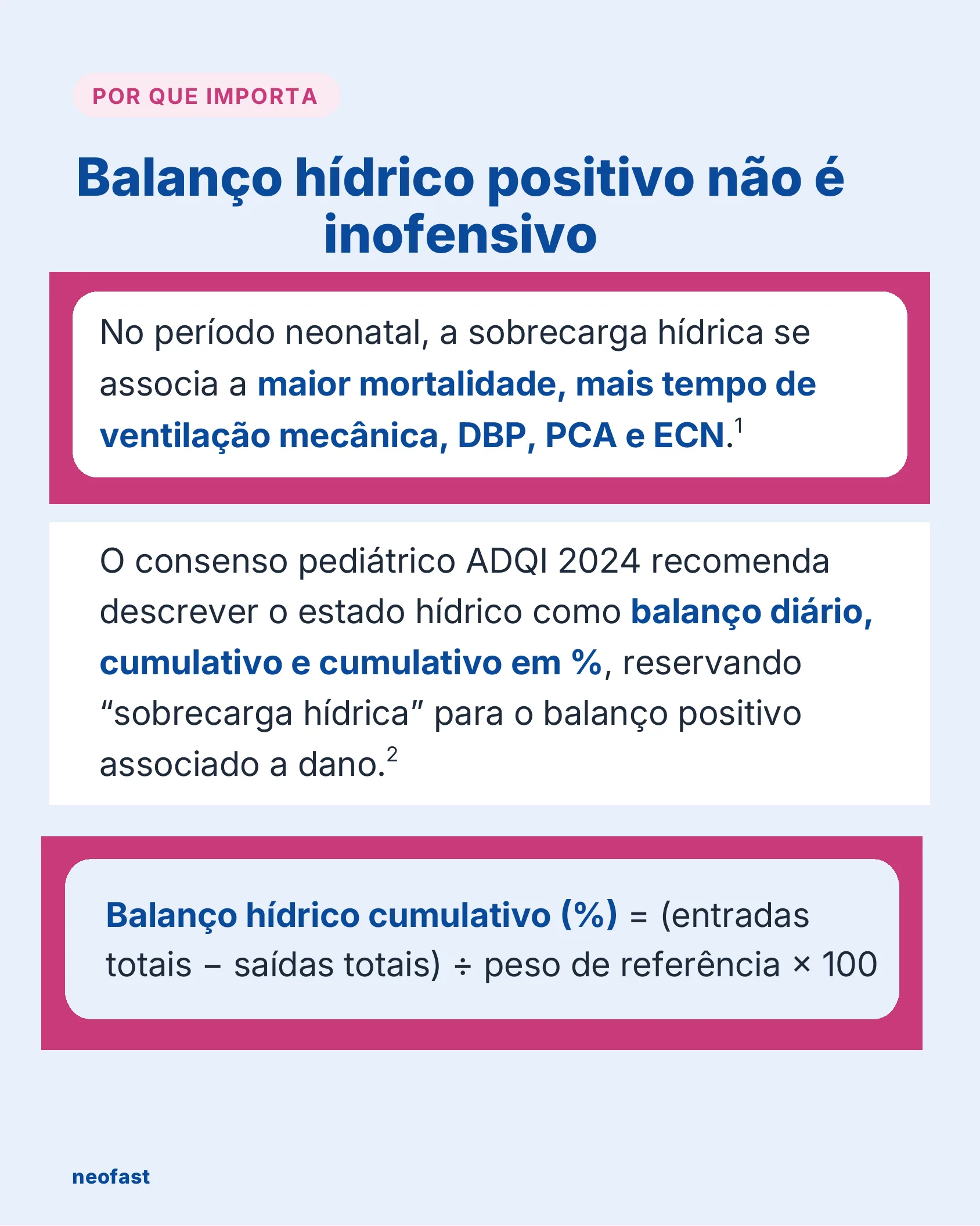Infográfico sobre os riscos do balanço hídrico positivo no recém-nascido e a fórmula do balanço hídrico cumulativo.